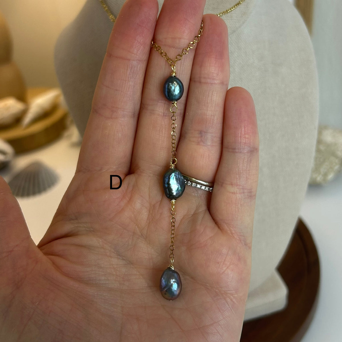 Triple Dark Pearl Long Drop Necklace