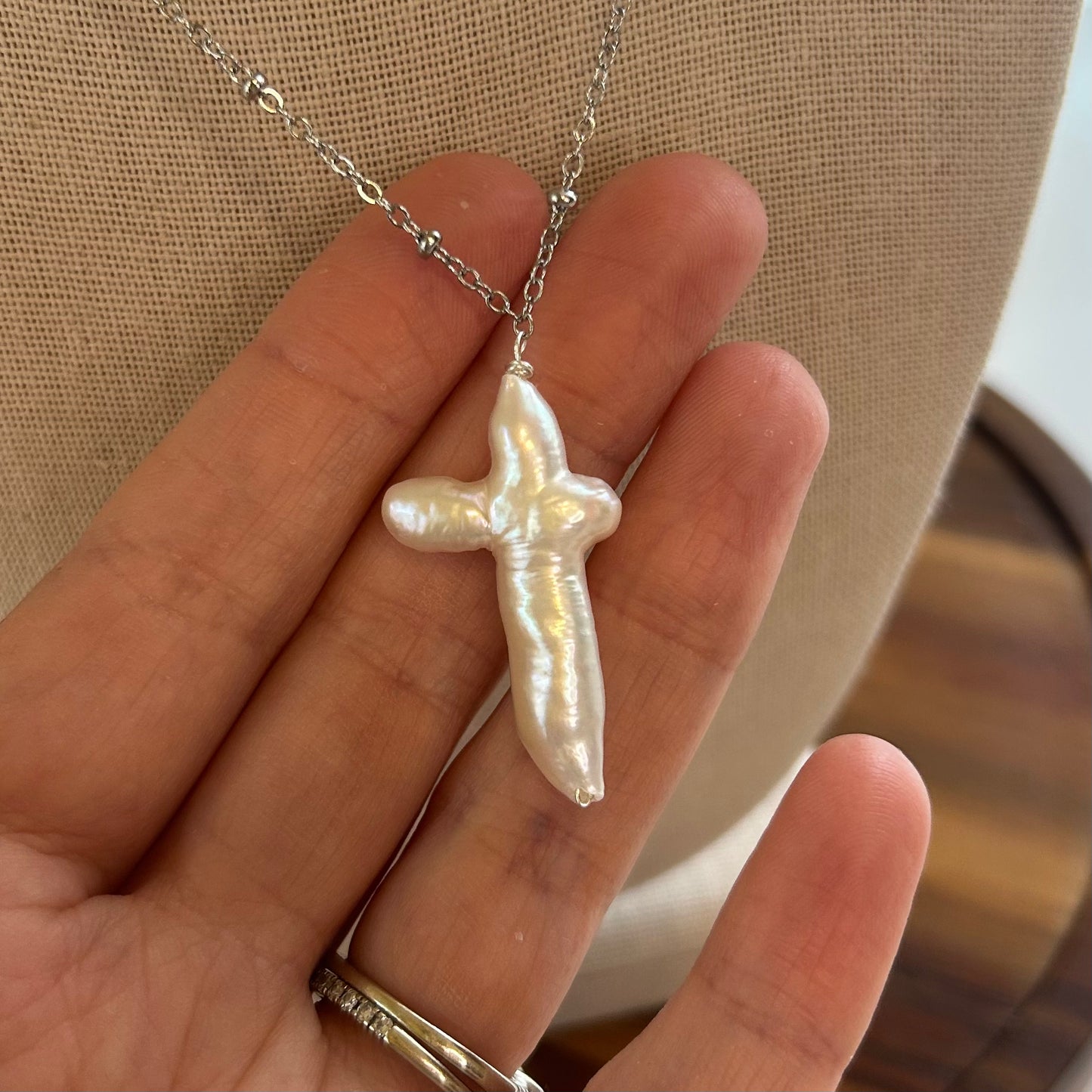 Baroque Pearl Cross silver Tone Pendant Necklace