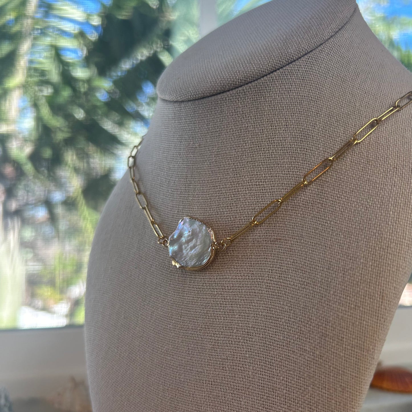 Mother of Pearl Gold Plated Paperclip Chain Necklace