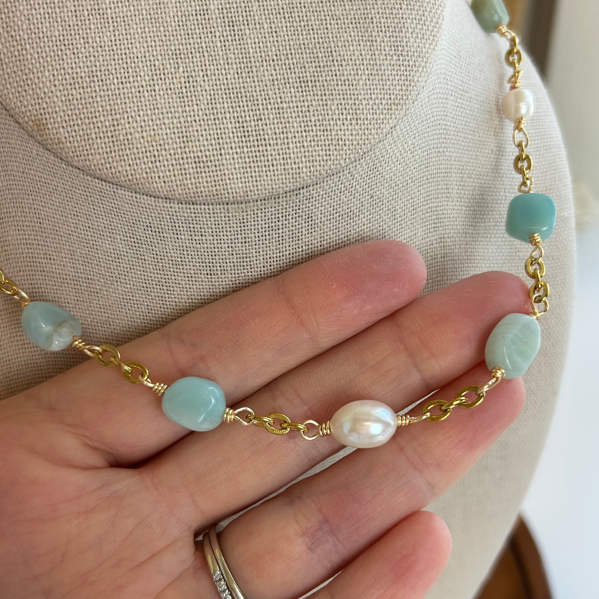 Amazonite Stone Pearl Beaded Necklace