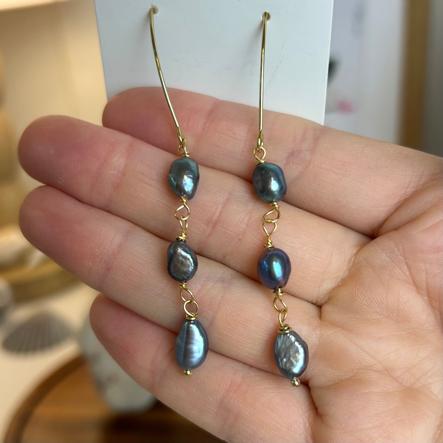 Dark Pearl Triple Dangle Earrings