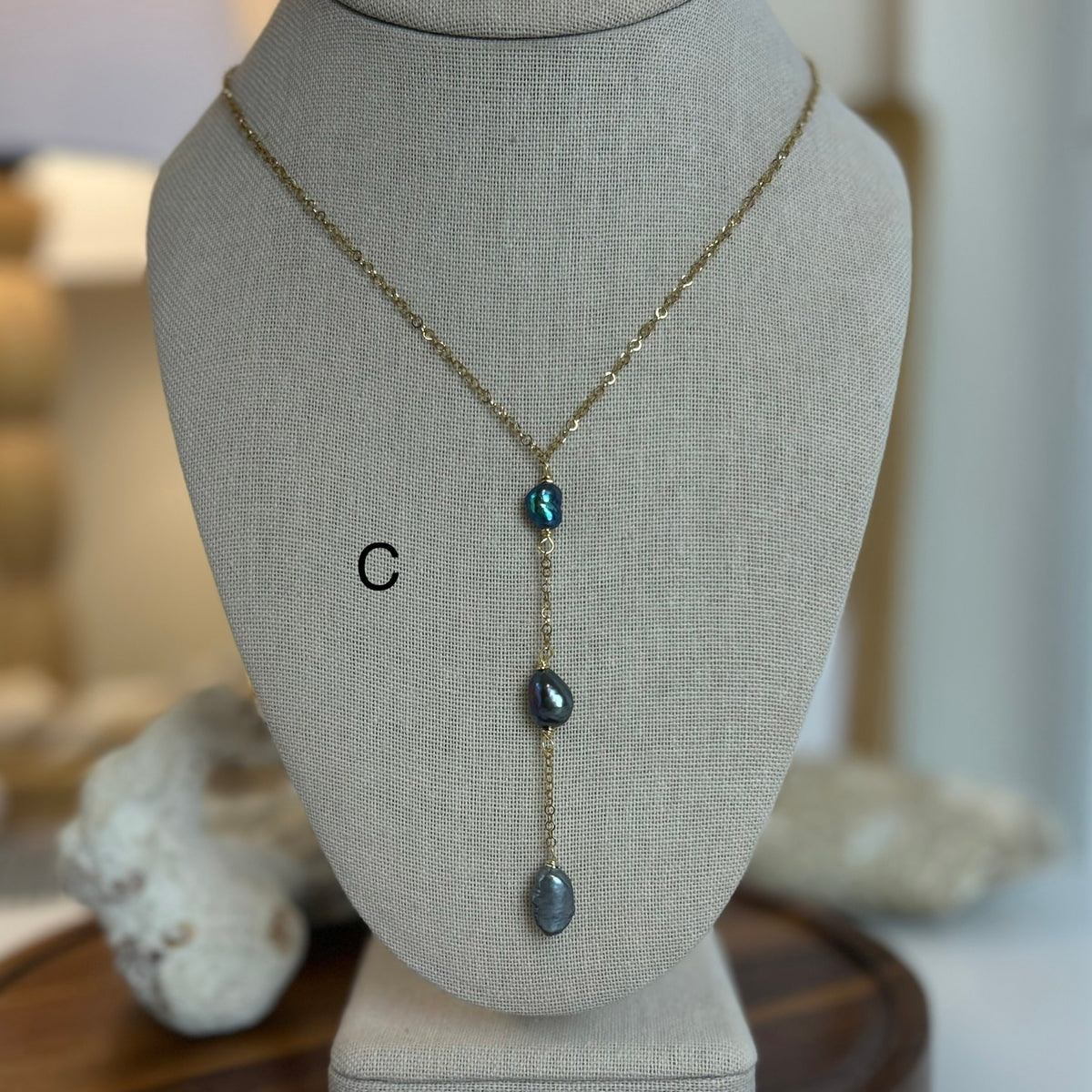 Triple Dark Pearl Long Drop Necklace