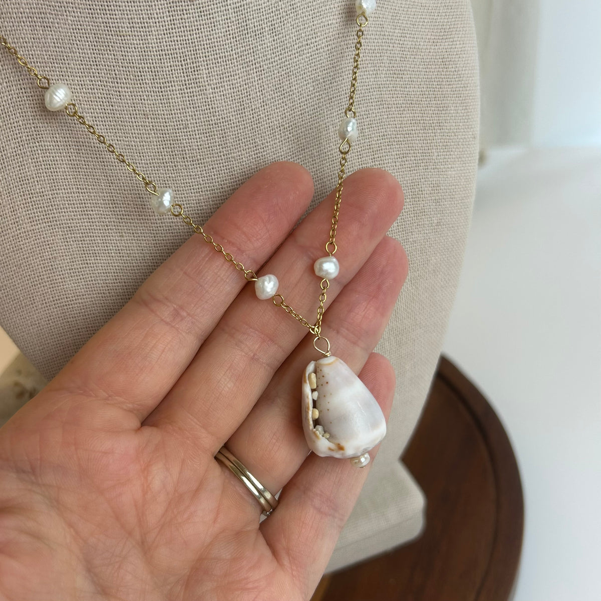 Pearl Beaded Cone Shell Necklace