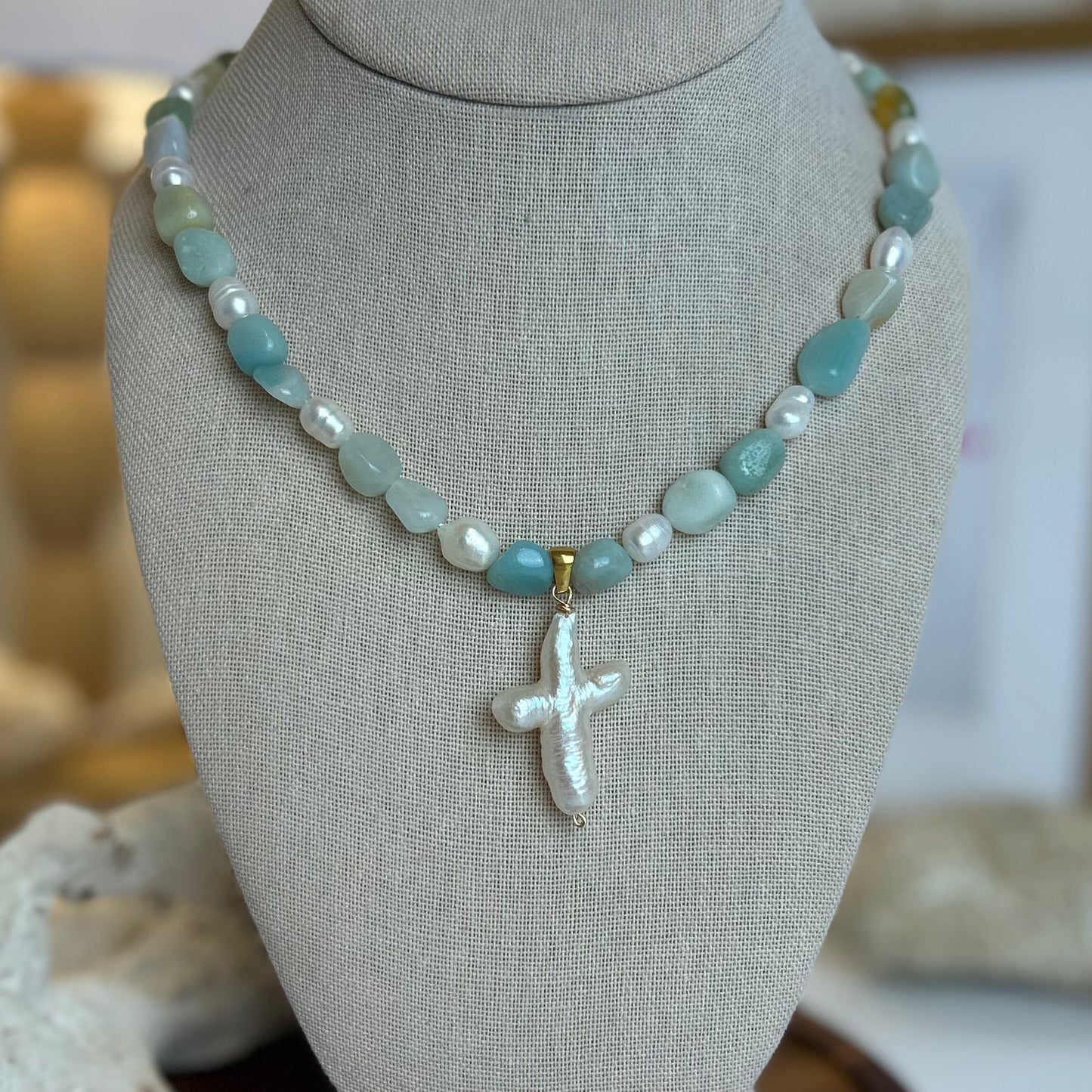Amazonite Stone & Pearls Necklace