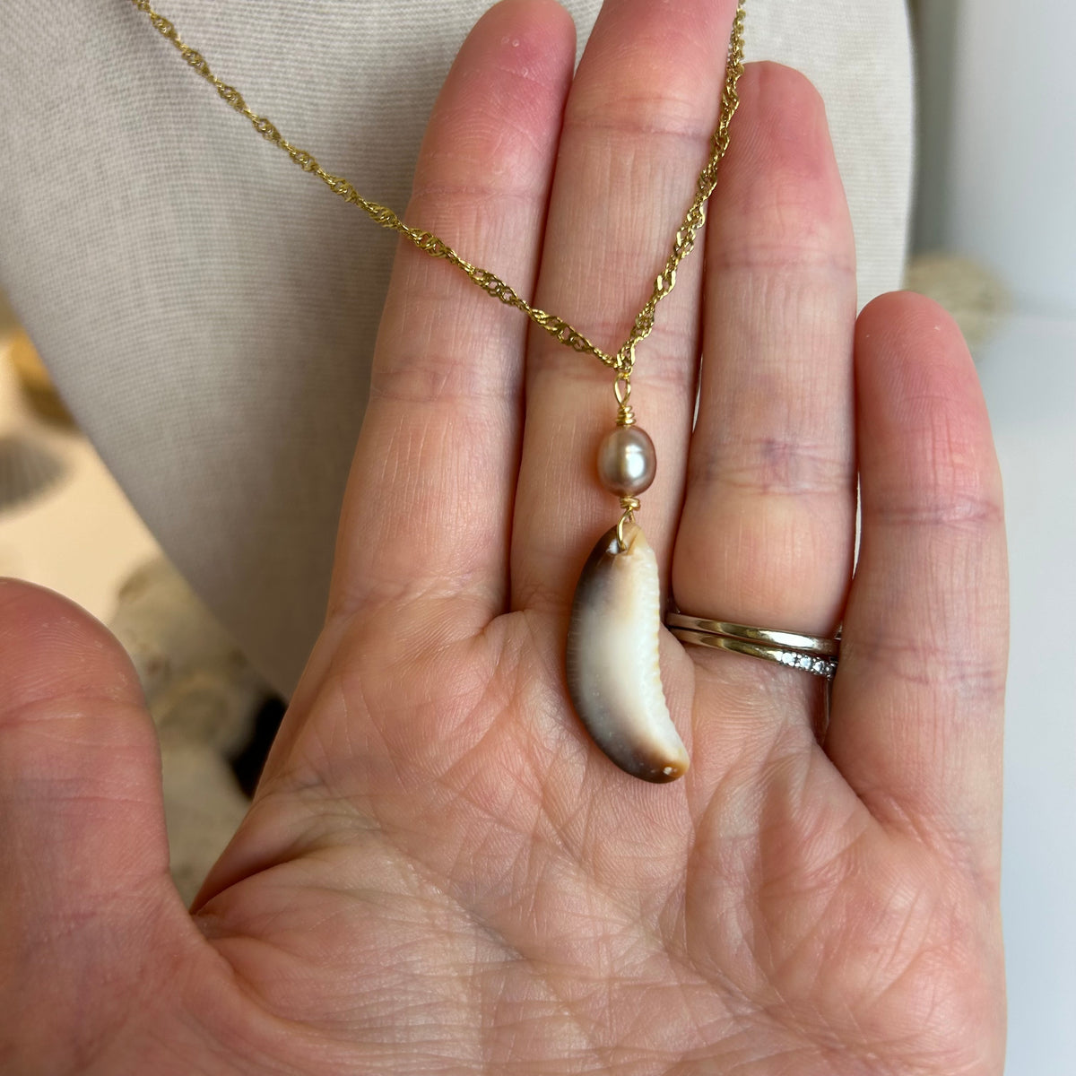 Cowrie Slice Pearl Drop Pendant Necklace