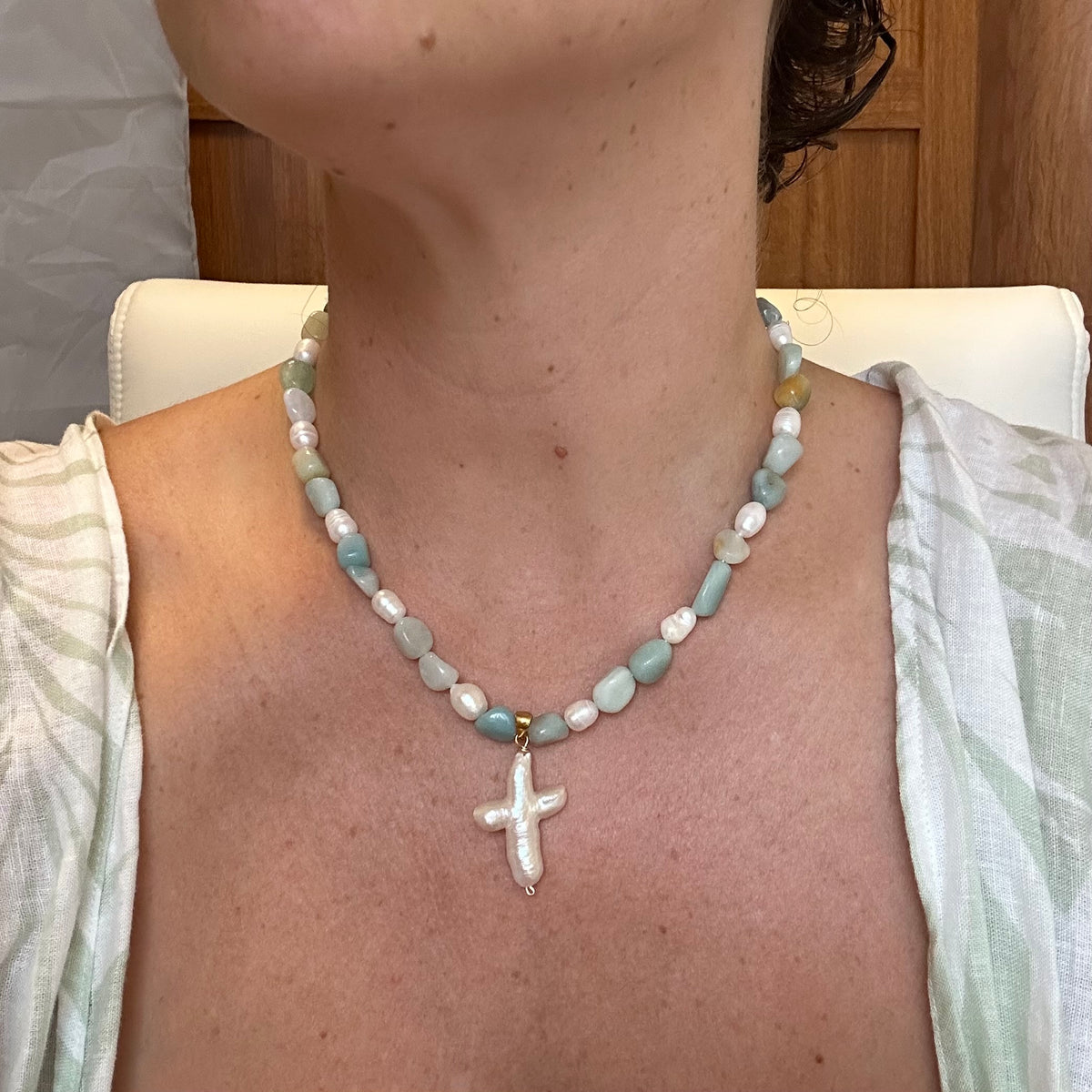 Amazonite Stone & Pearls Necklace
