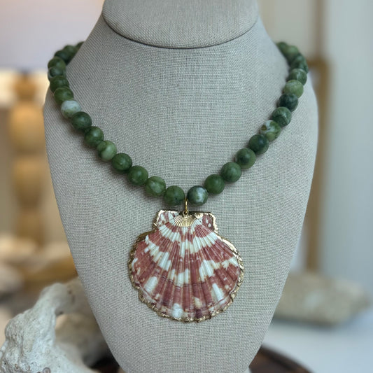 Green Stone & Shell Statement Necklace