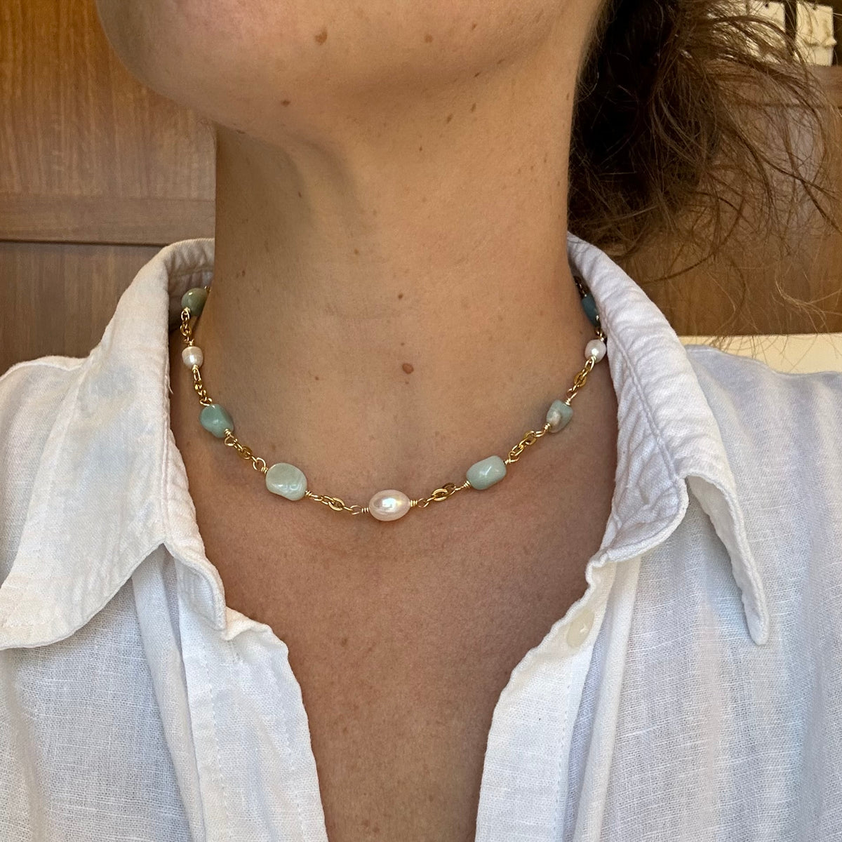 Amazonite Stone Pearl Beaded Necklace