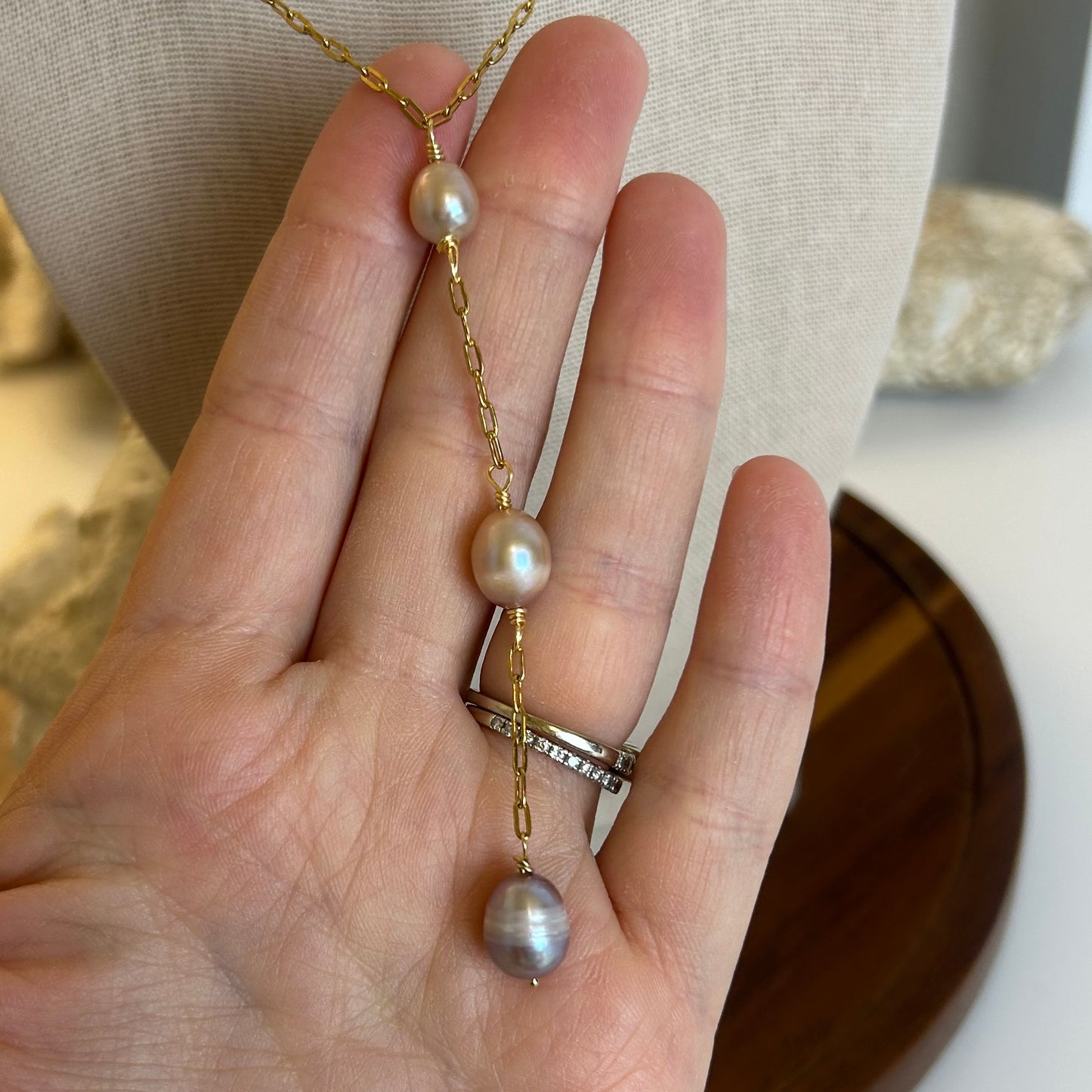 Lavender Triple Pearl Long Drop Necklace