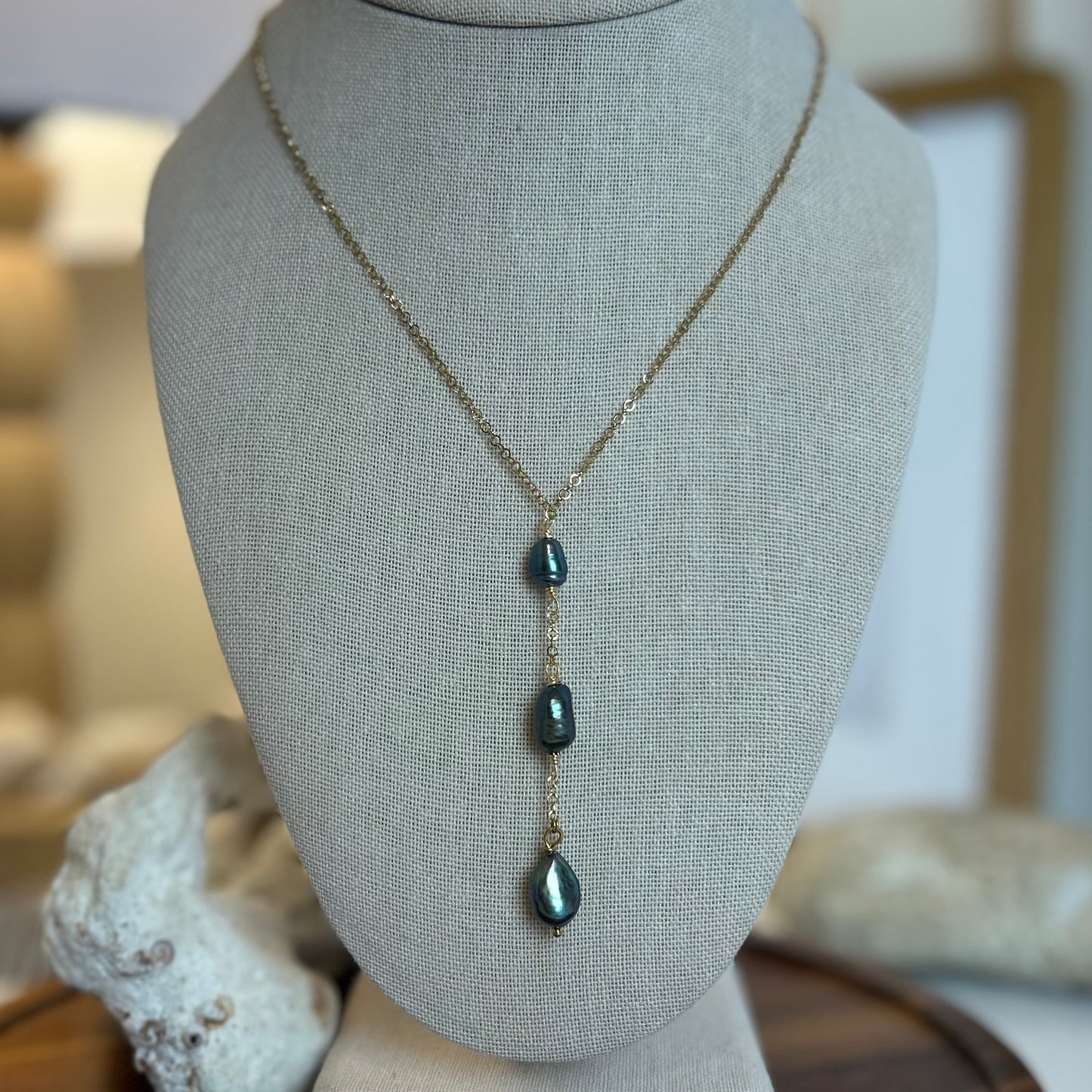 Triple Dark Pearl Drop Necklace