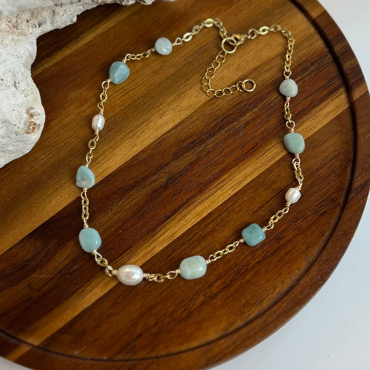 Amazonite Stone Pearl Beaded Necklace