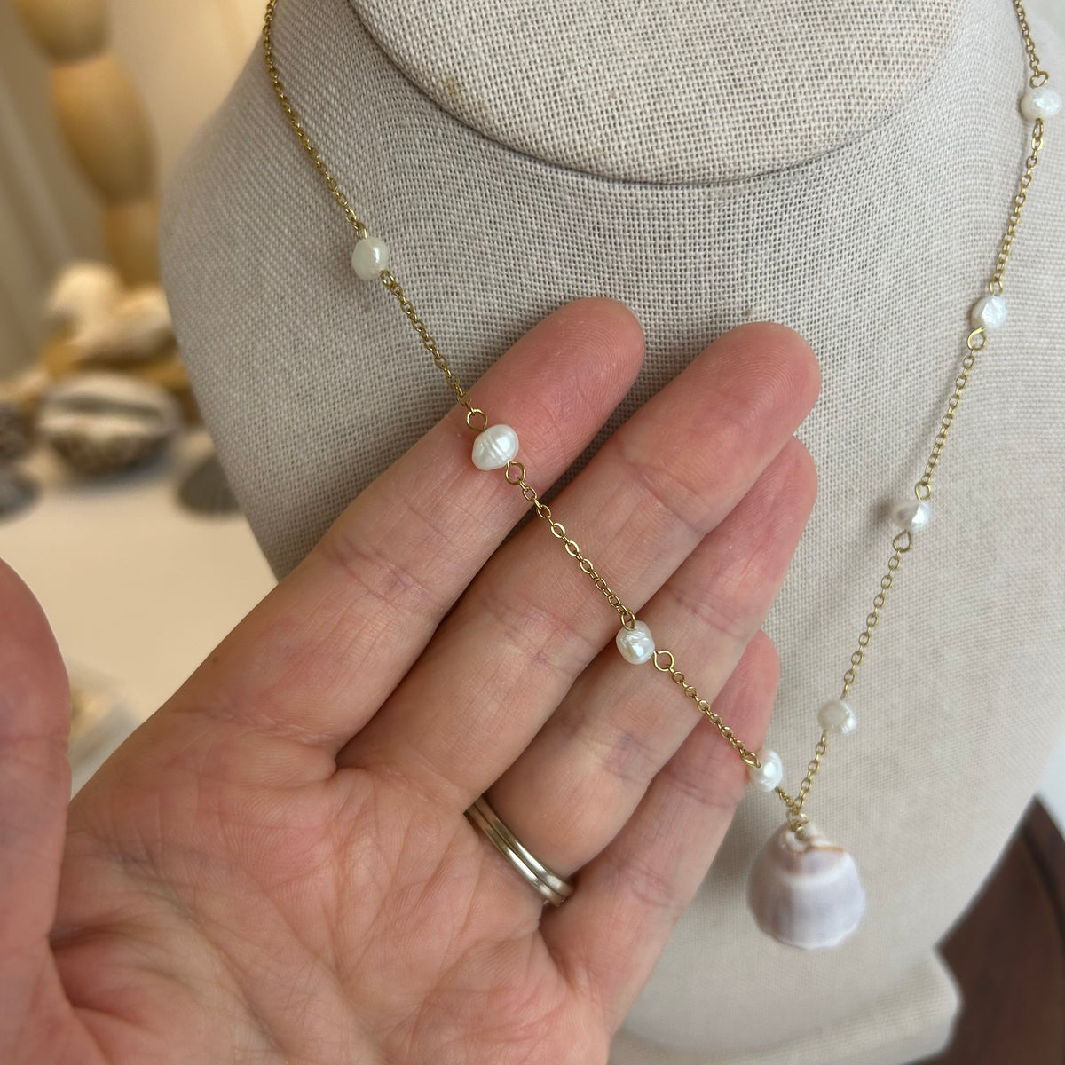 Pearl Beaded Cone Shell Necklace