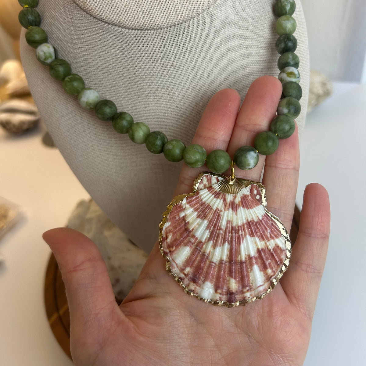 Green Stone & Shell Statement Necklace