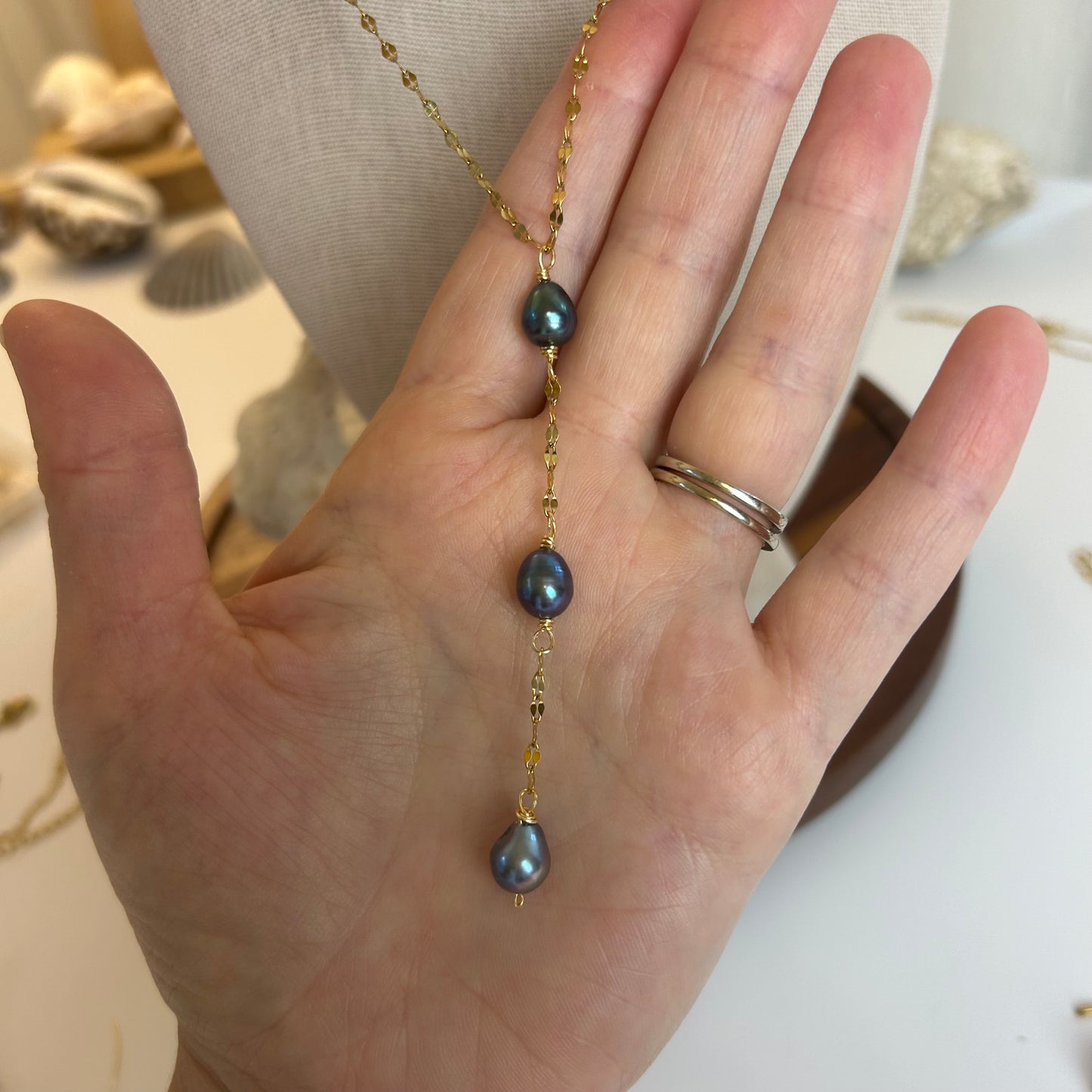 Dark Pearl Trio Drop Necklace