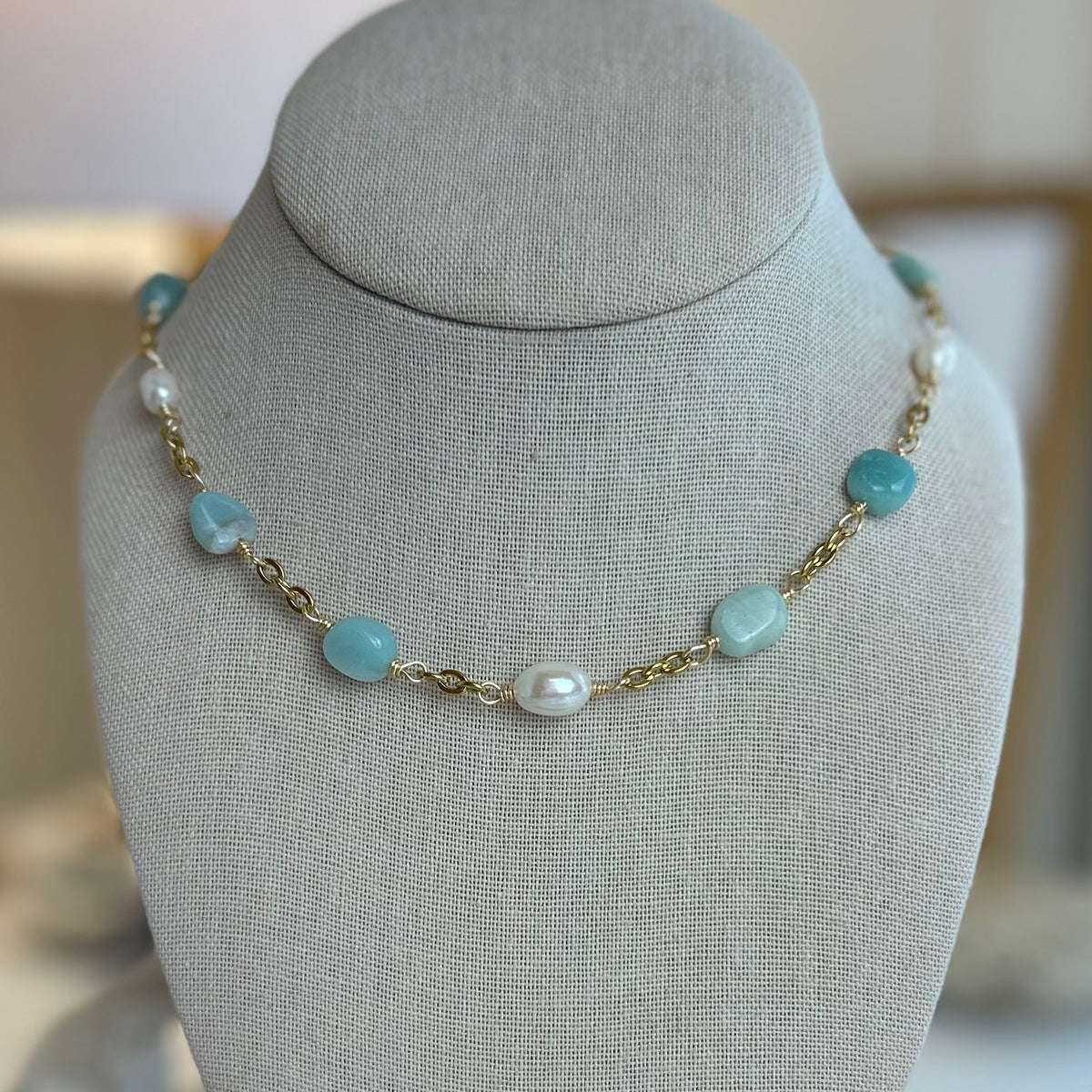 Amazonite Stone Pearl Beaded Necklace