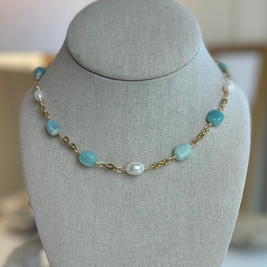 Amazonite Stone Pearl Beaded Necklace