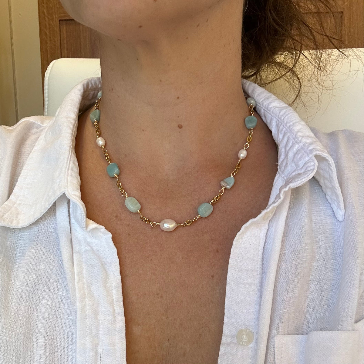 Amazonite Stone Pearl Beaded Necklace