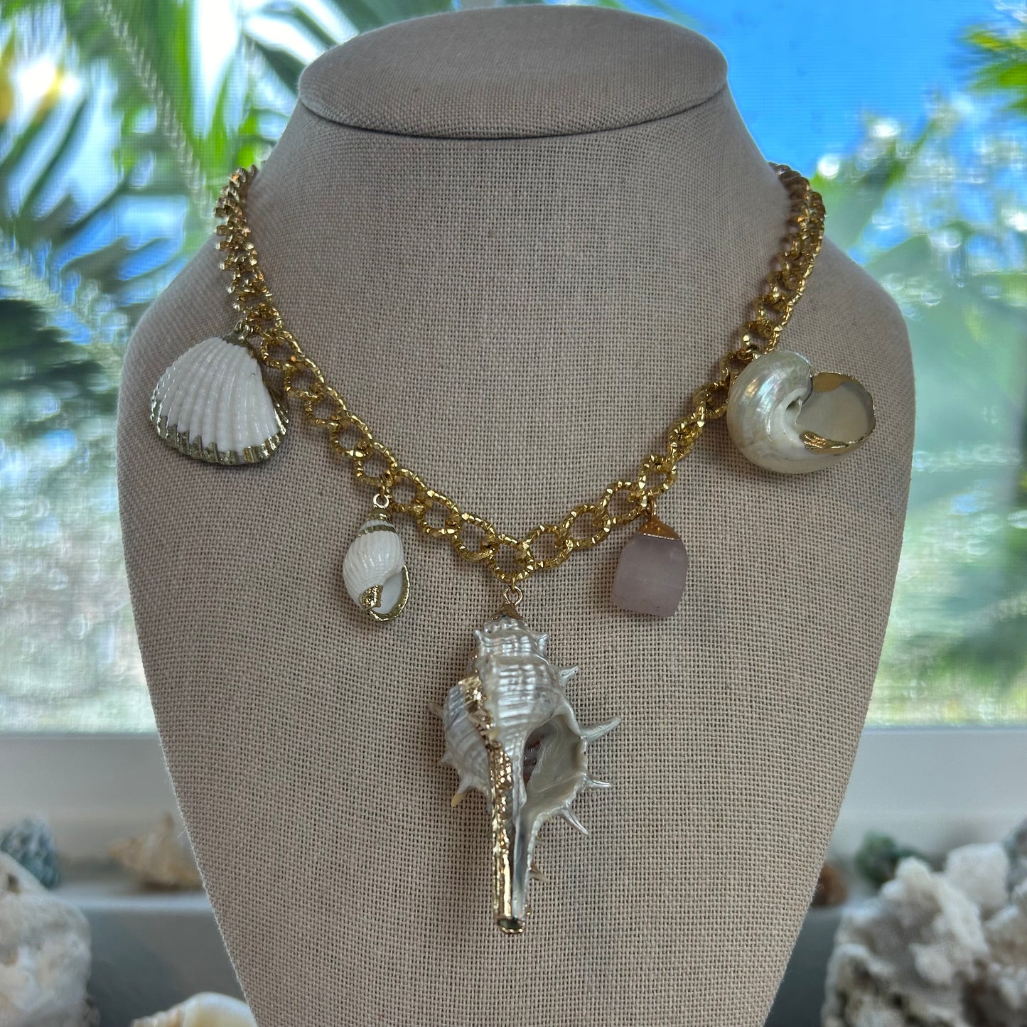 Mermaid Seashell Rose Quartz Statement Necklace