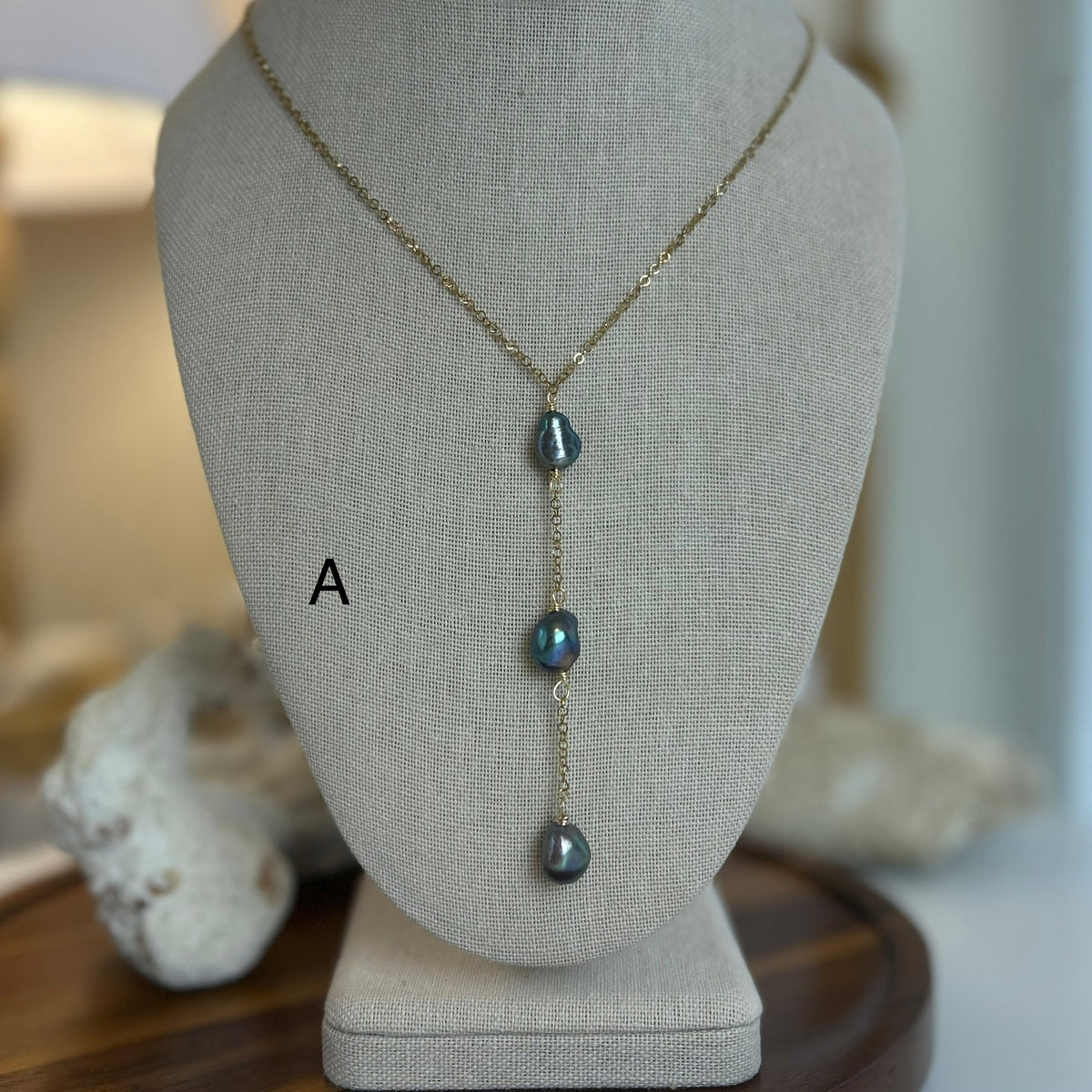 Triple Dark Pearl Long Drop Necklace