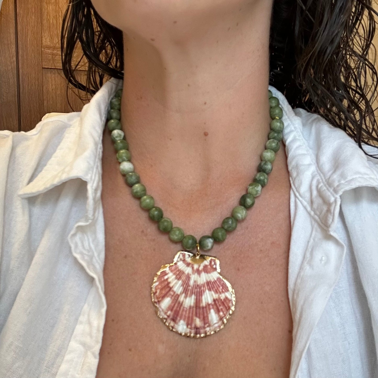 Green Stone & Shell Statement Necklace