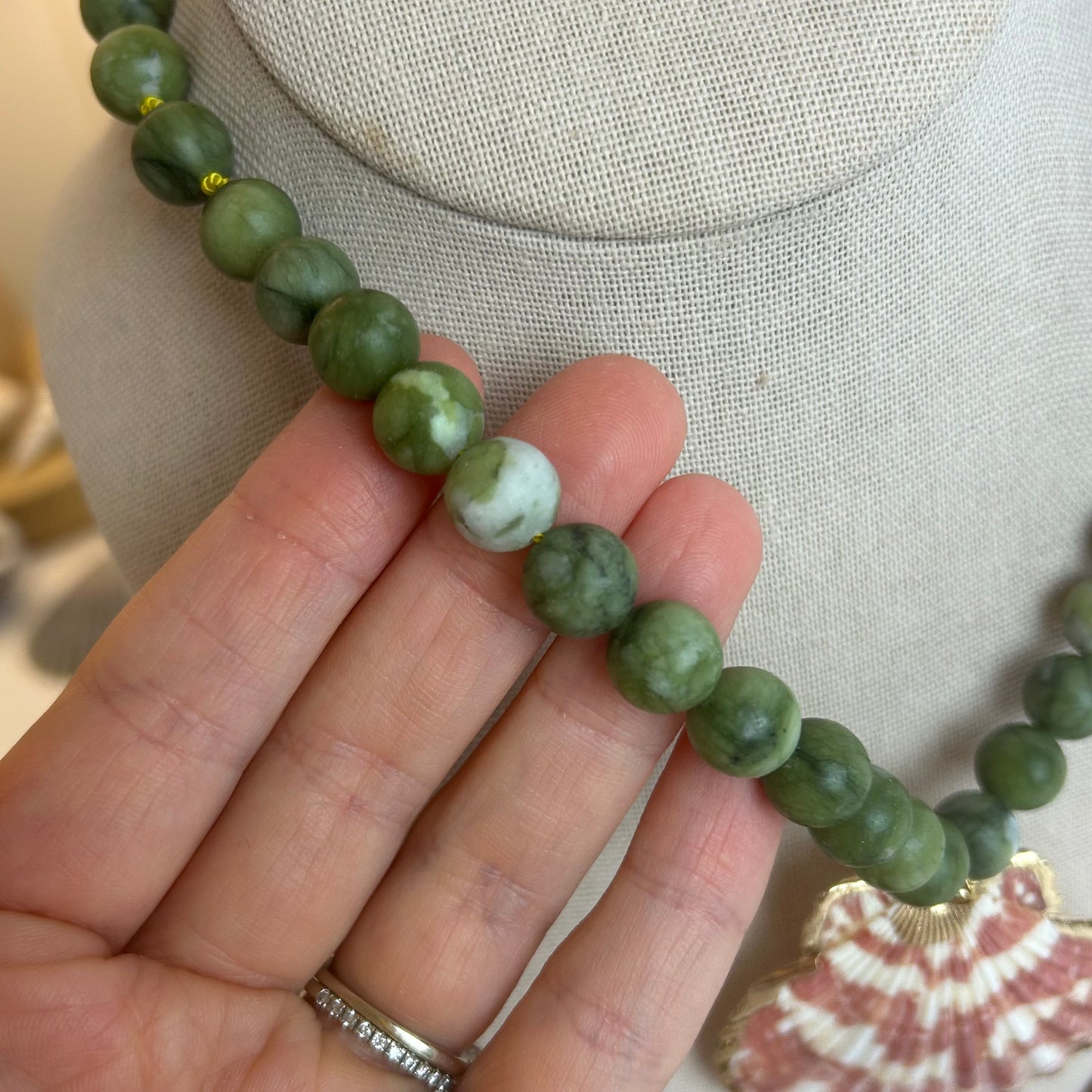 Green Stone & Shell Statement Necklace