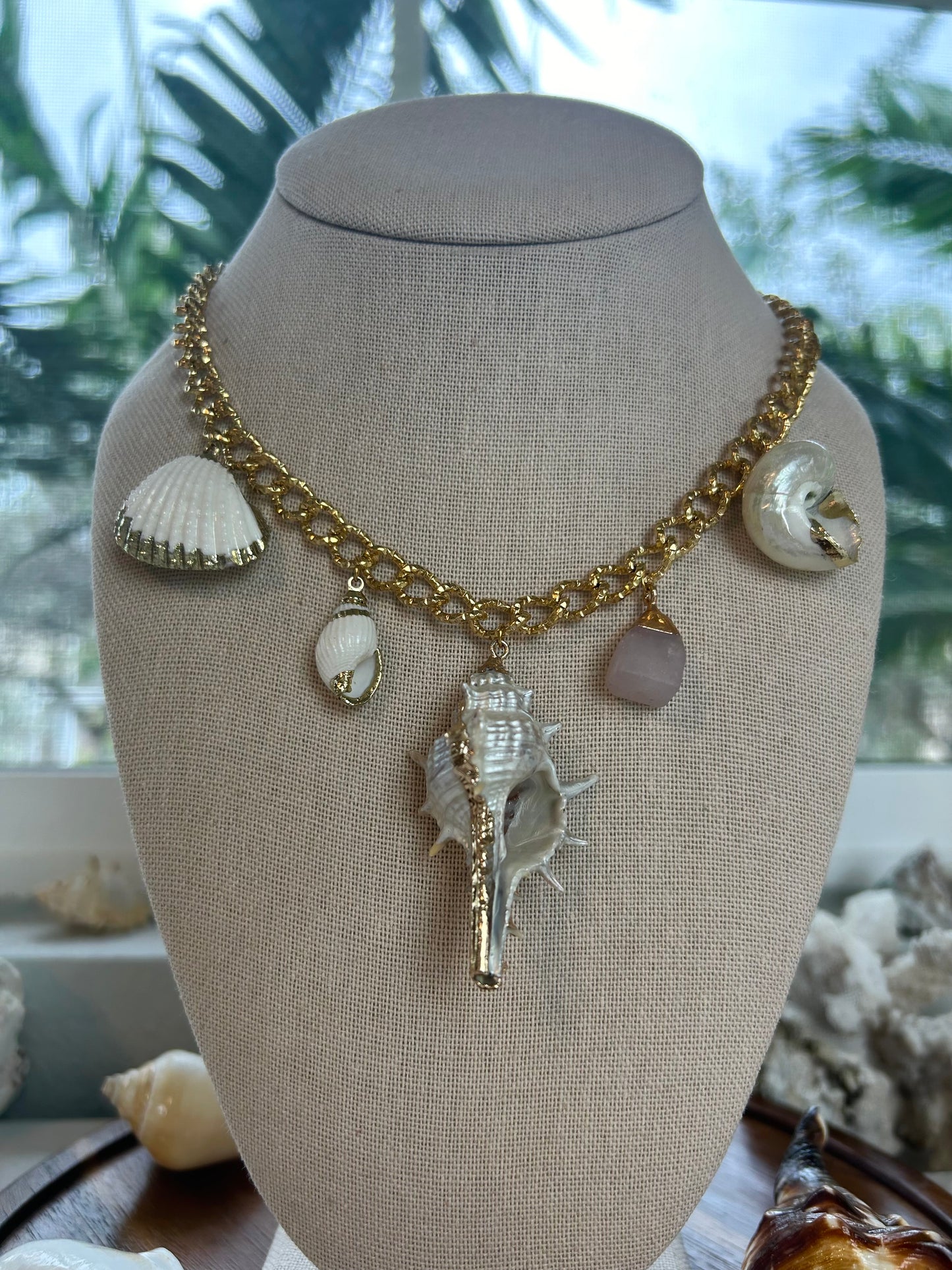 Mermaid Seashell Rose Quartz Statement Necklace