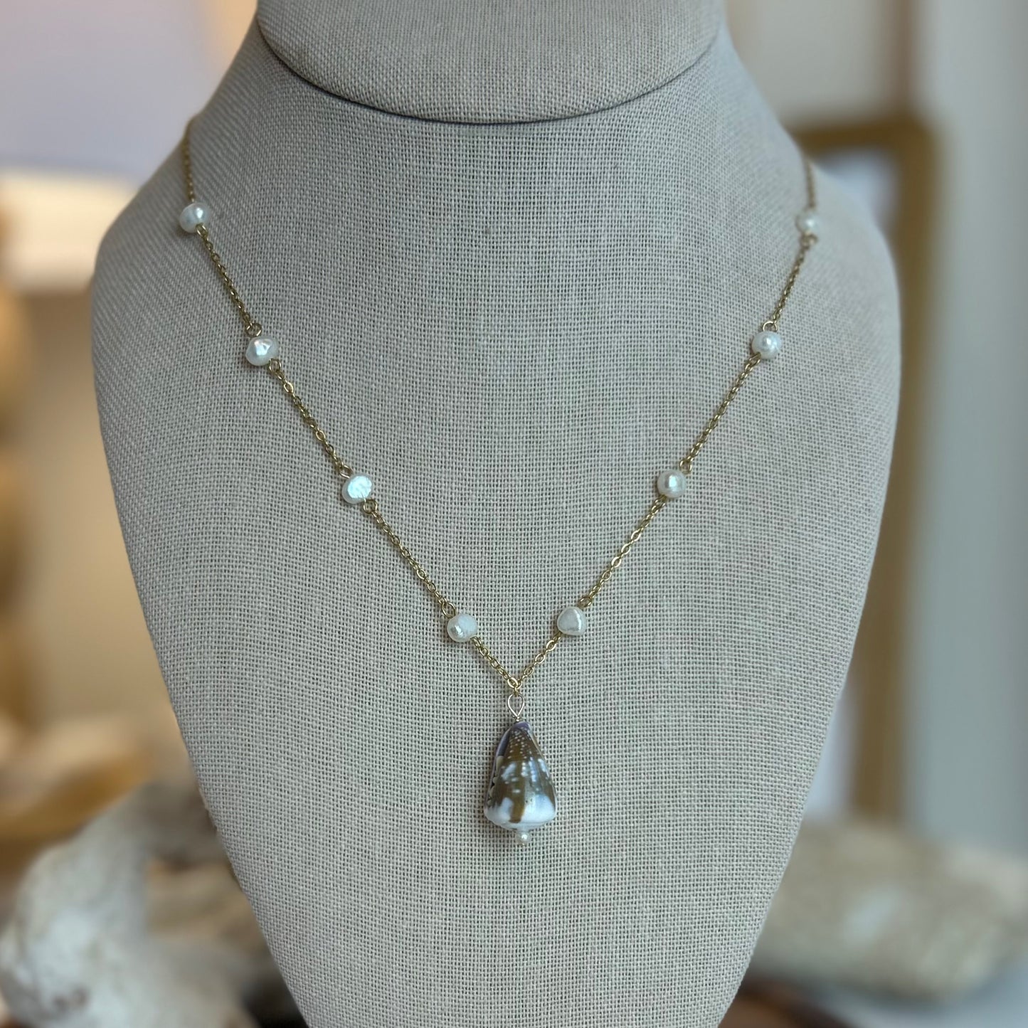Cone Shell & Pearl Beaded Necklace