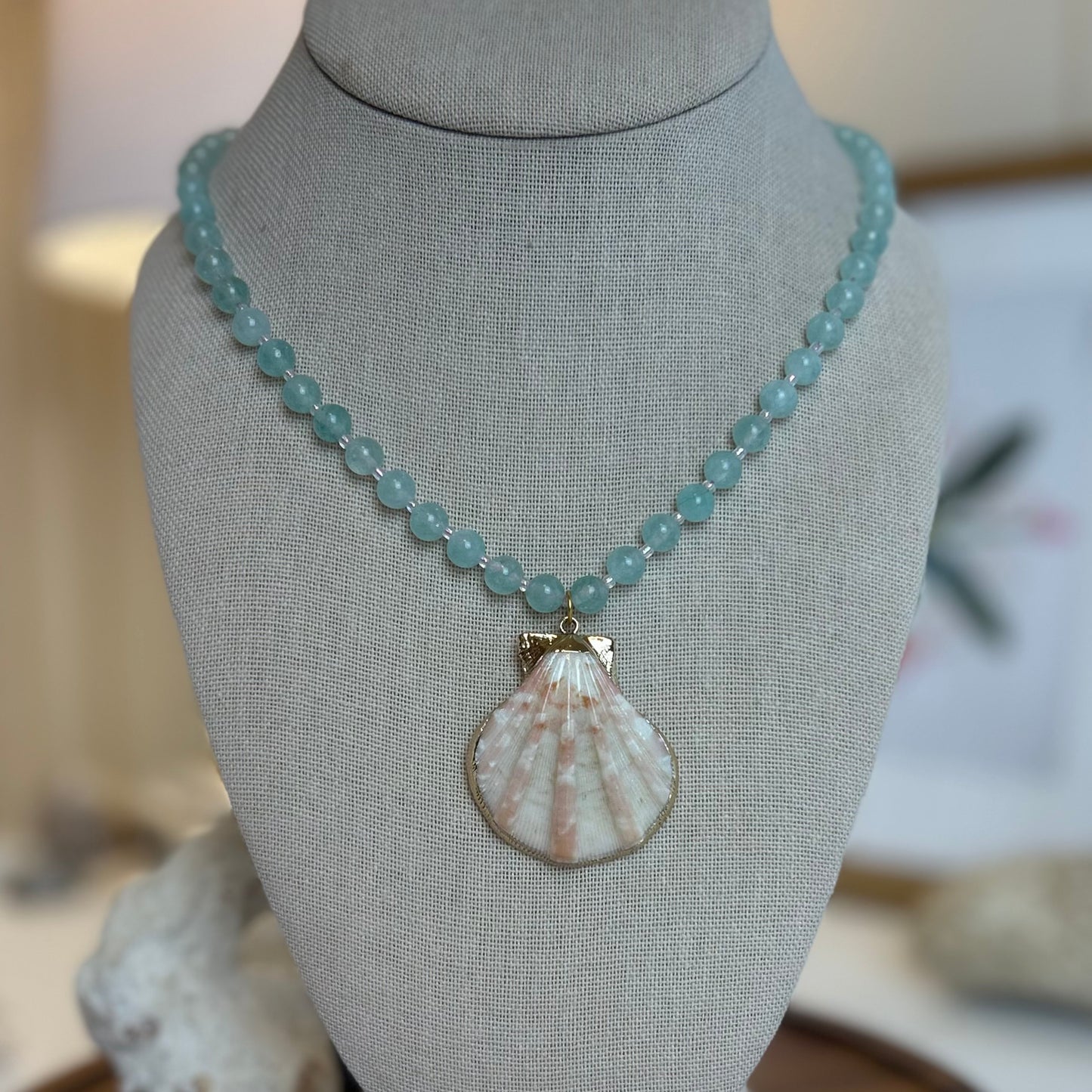 Aqua Stone Beaded Shell Necklace