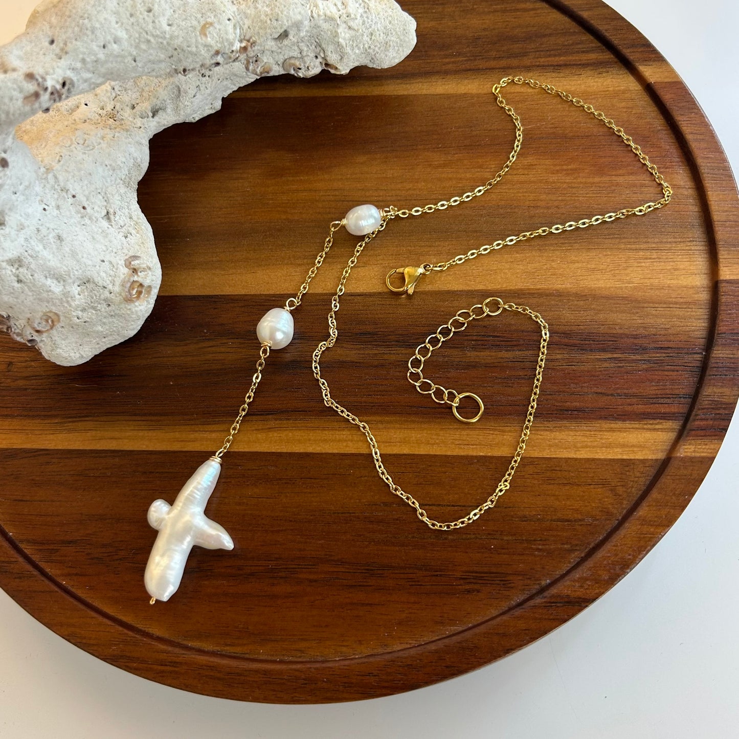 Pearl Cross Drop Necklace