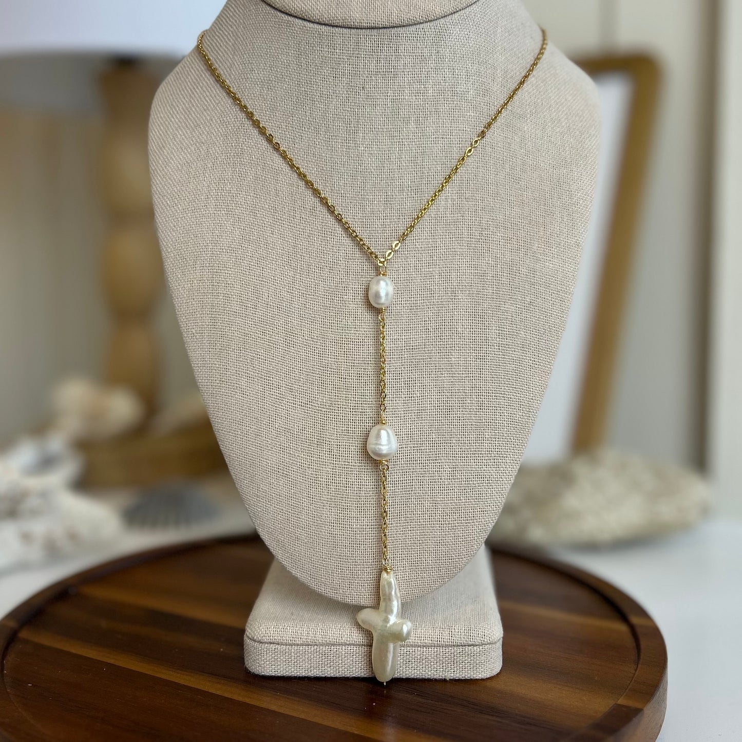 Pearl Cross Drop Necklace