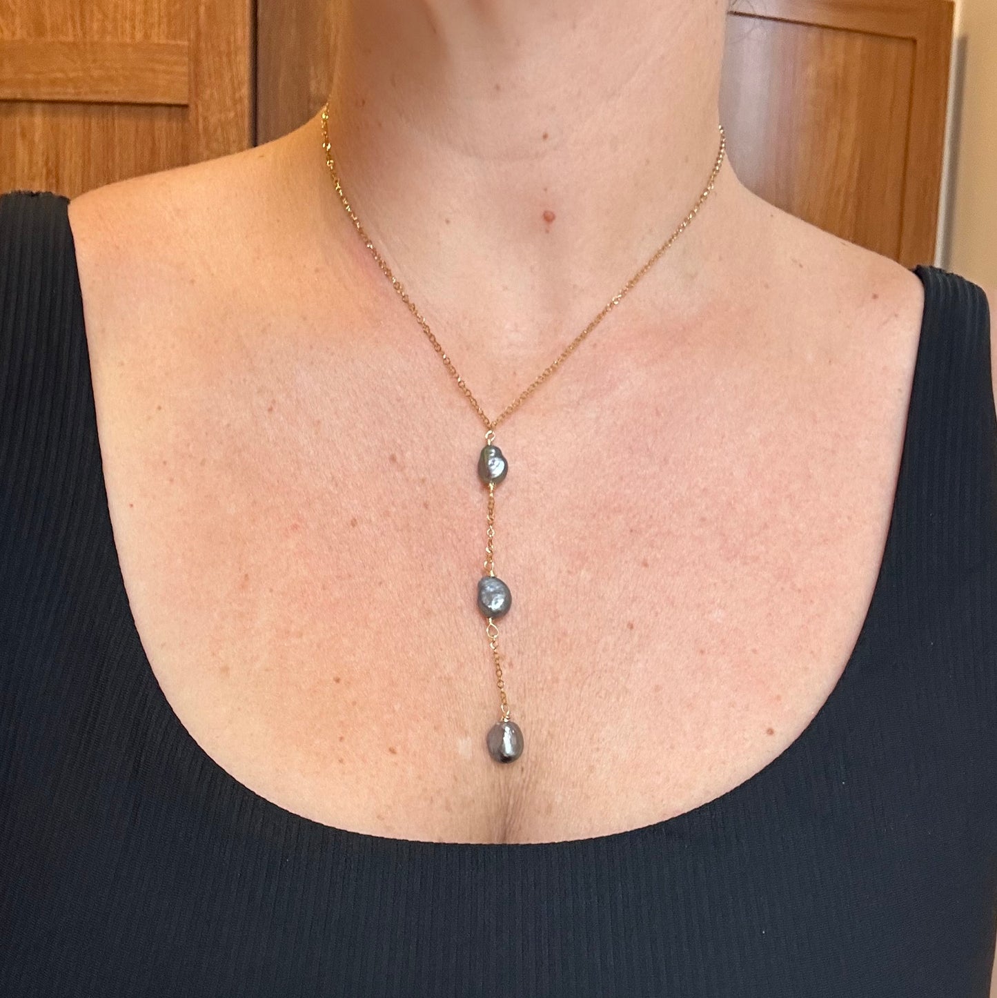 Triple Dark Pearl Long Drop Necklace