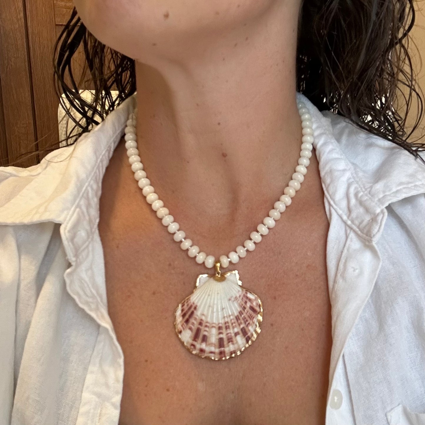 Stone Rondelle Beaded Statement Shell Necklace