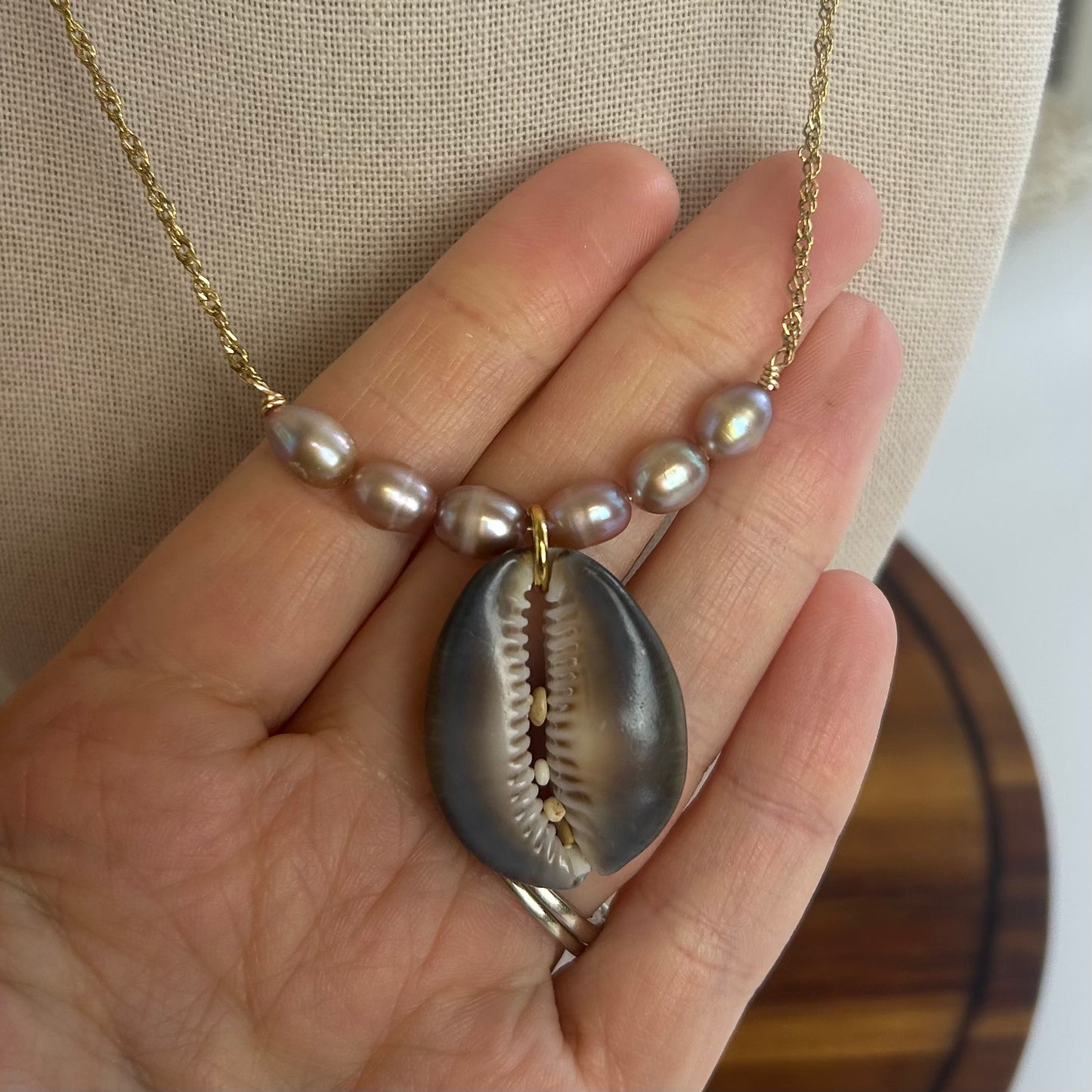 Cowrie Shell & Pearl Bar Necklace