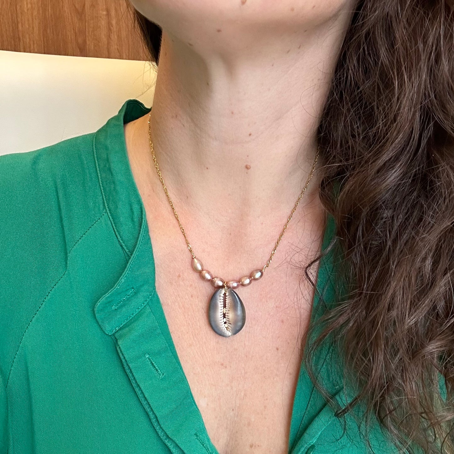 Cowrie Shell & Pearl Bar Necklace