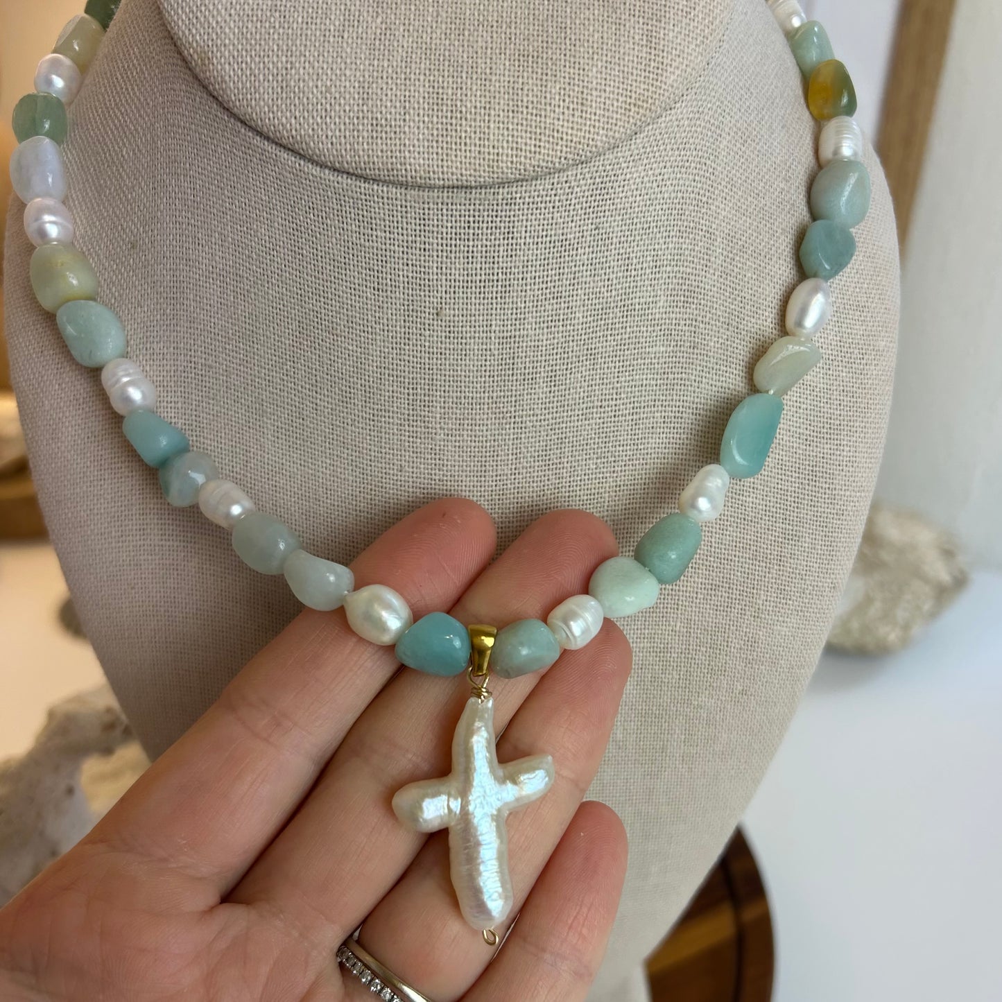Amazonite Stone & Pearls Necklace