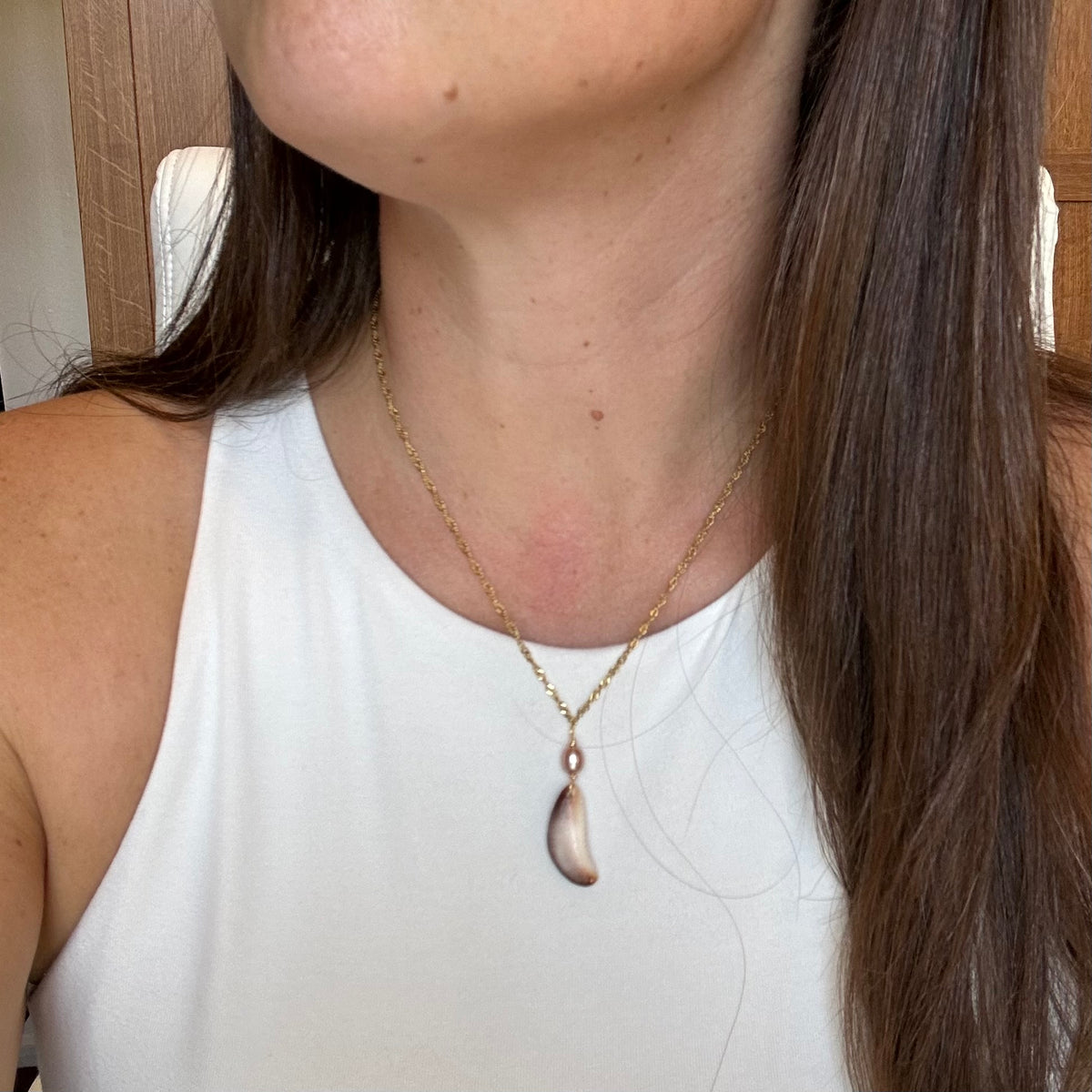 Cowrie Slice Pearl Drop Pendant Necklace