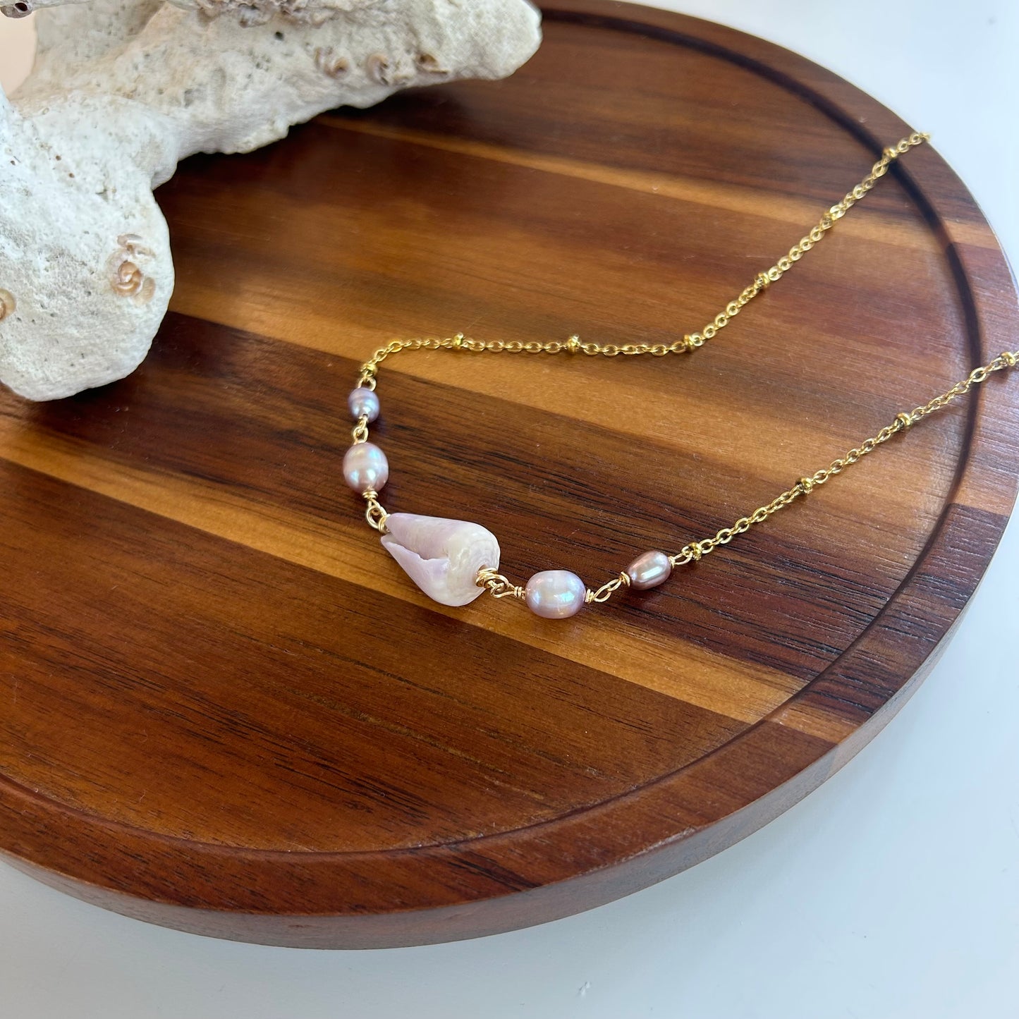 Purple Cone Shell & Pearl Necklace