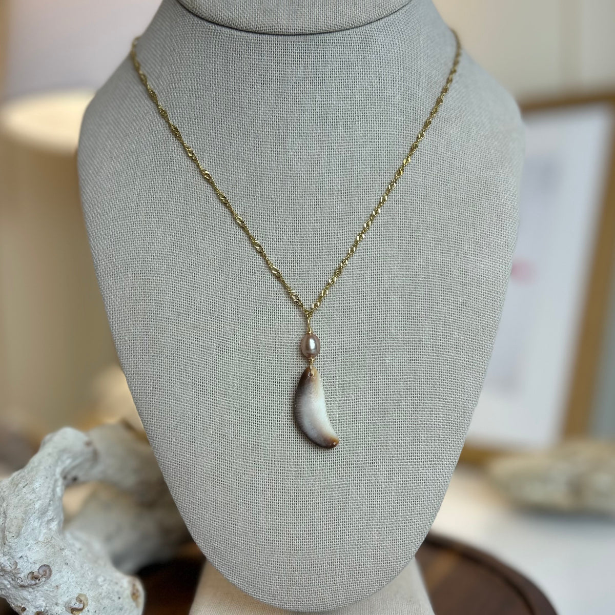 Cowrie Slice Pearl Drop Pendant Necklace