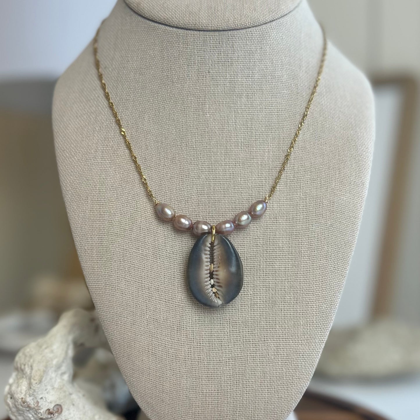 Cowrie Shell & Pearl Bar Necklace