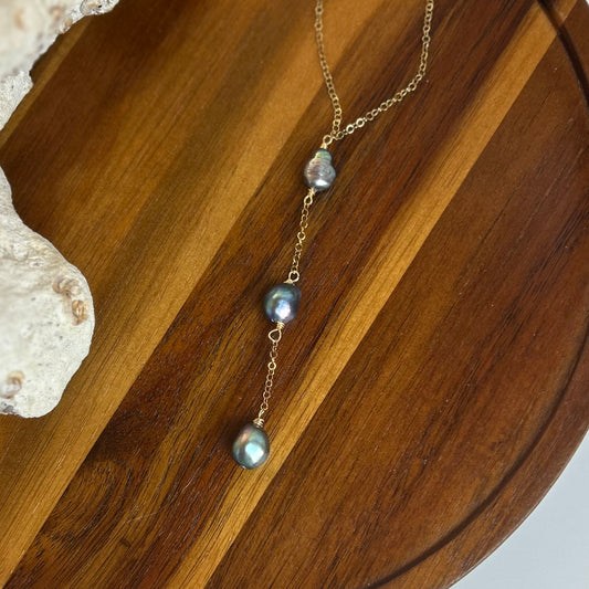 Triple Dark Pearl Long Drop Necklace