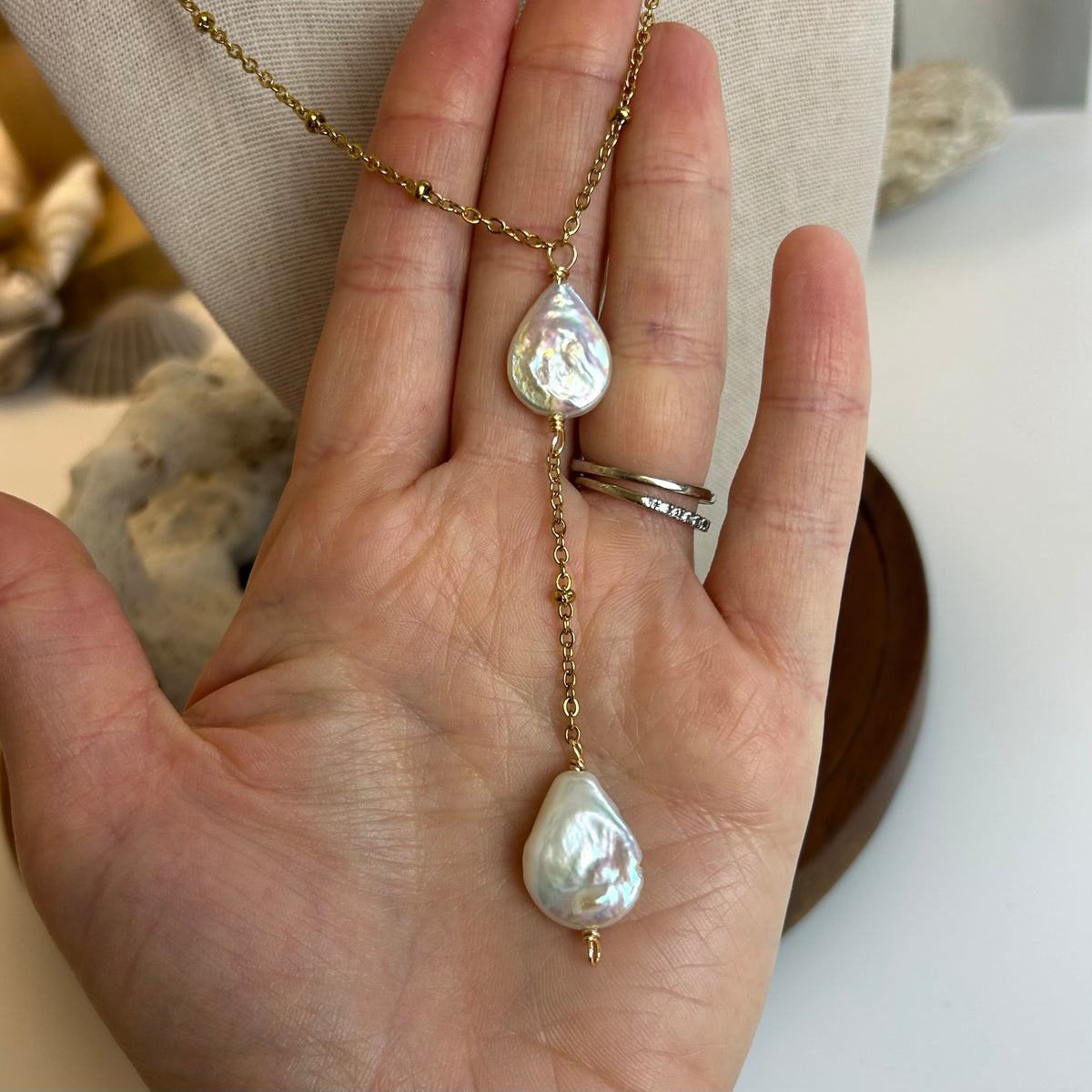 Teardrop Pearl Plunge Necklace
