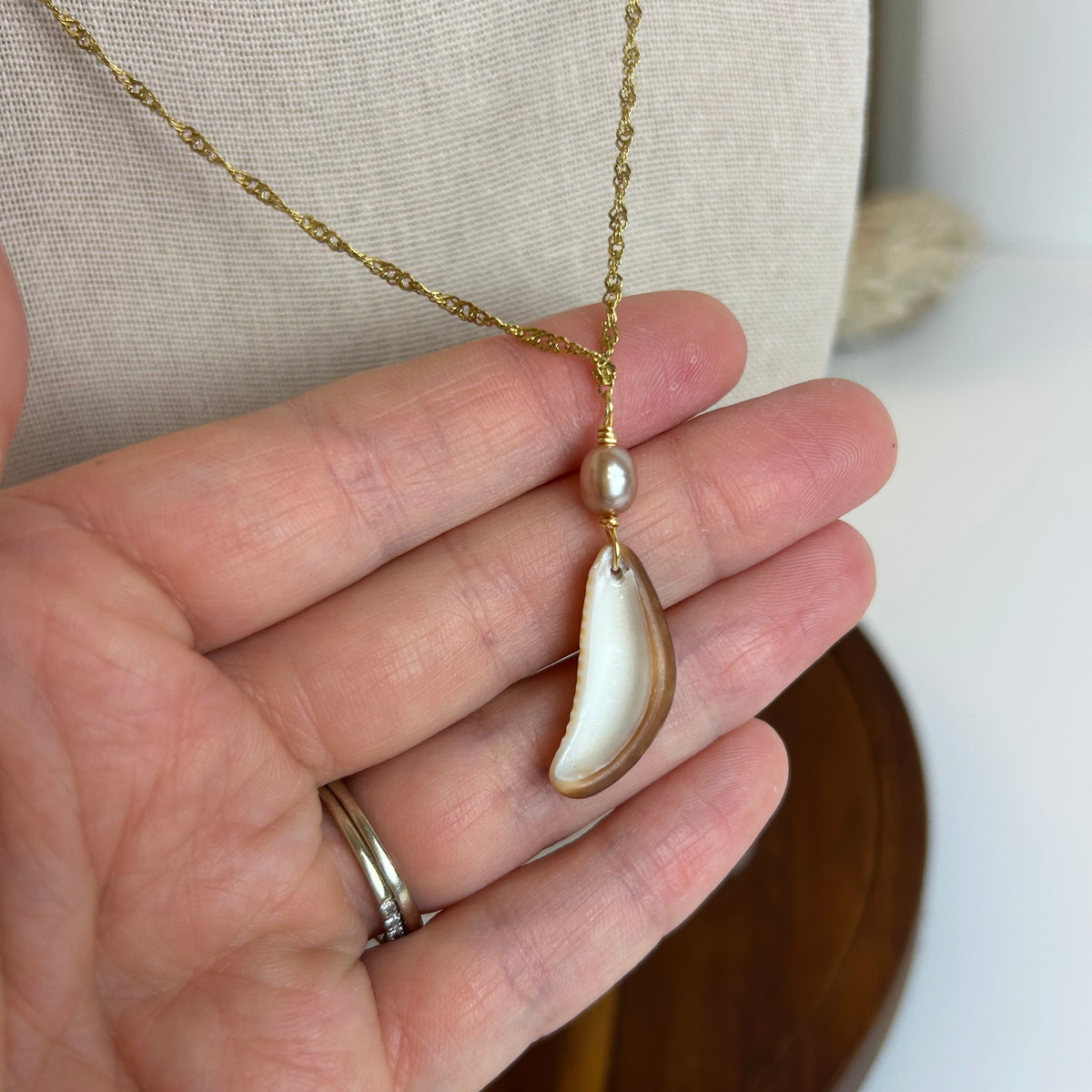 Cowrie Slice Pearl Drop Pendant Necklace