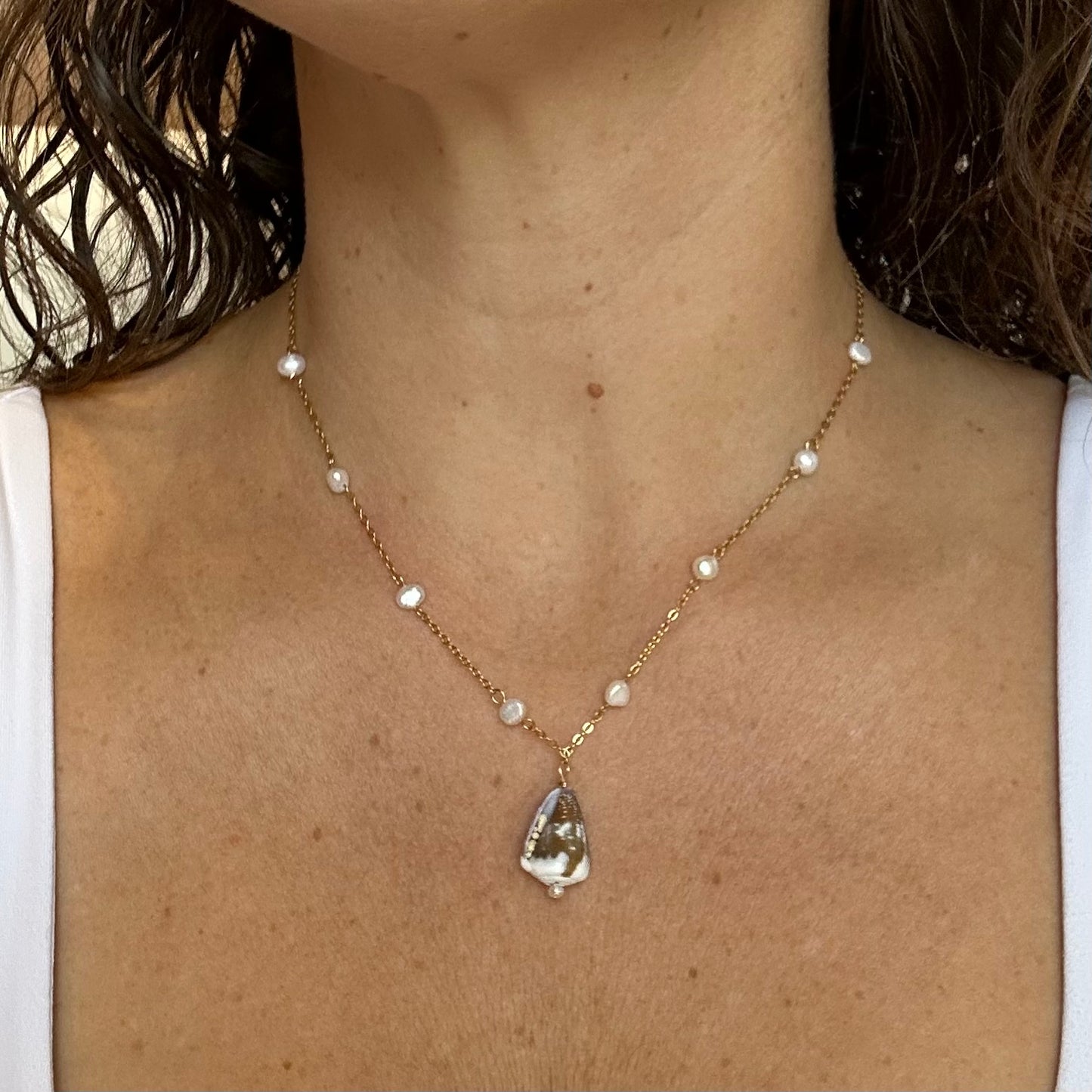 Cone Shell & Pearl Beaded Necklace