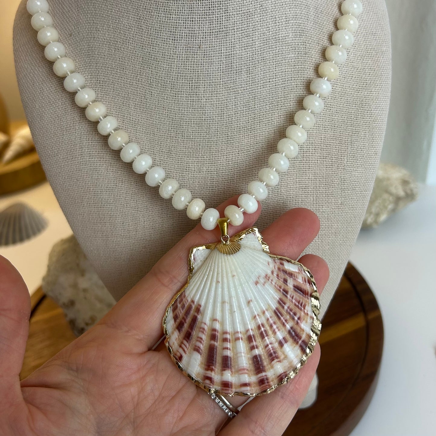 Stone Rondelle Beaded Statement Shell Necklace