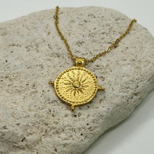 Sun Seeker Compass Medallion Gold Plated Pendant Necklace