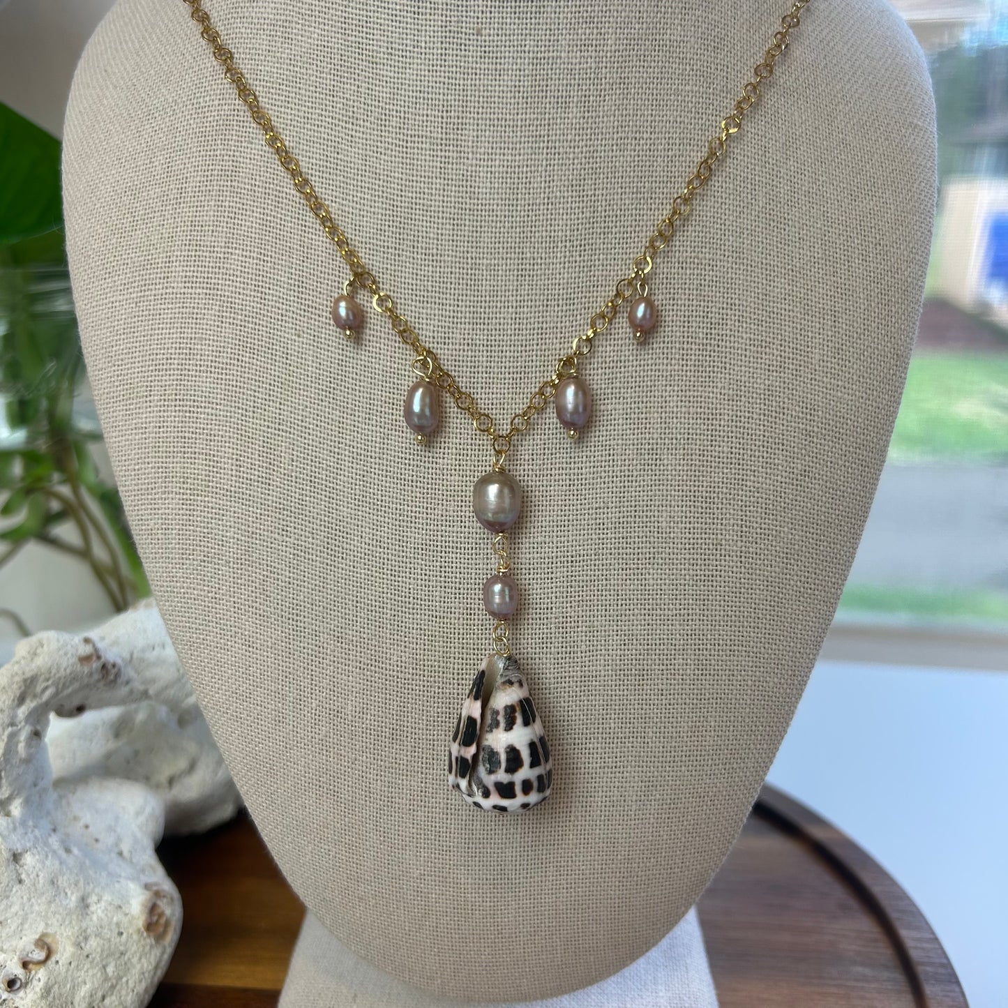 Elegant Lavender Pearl & Hebrew Cone Shell Necklace