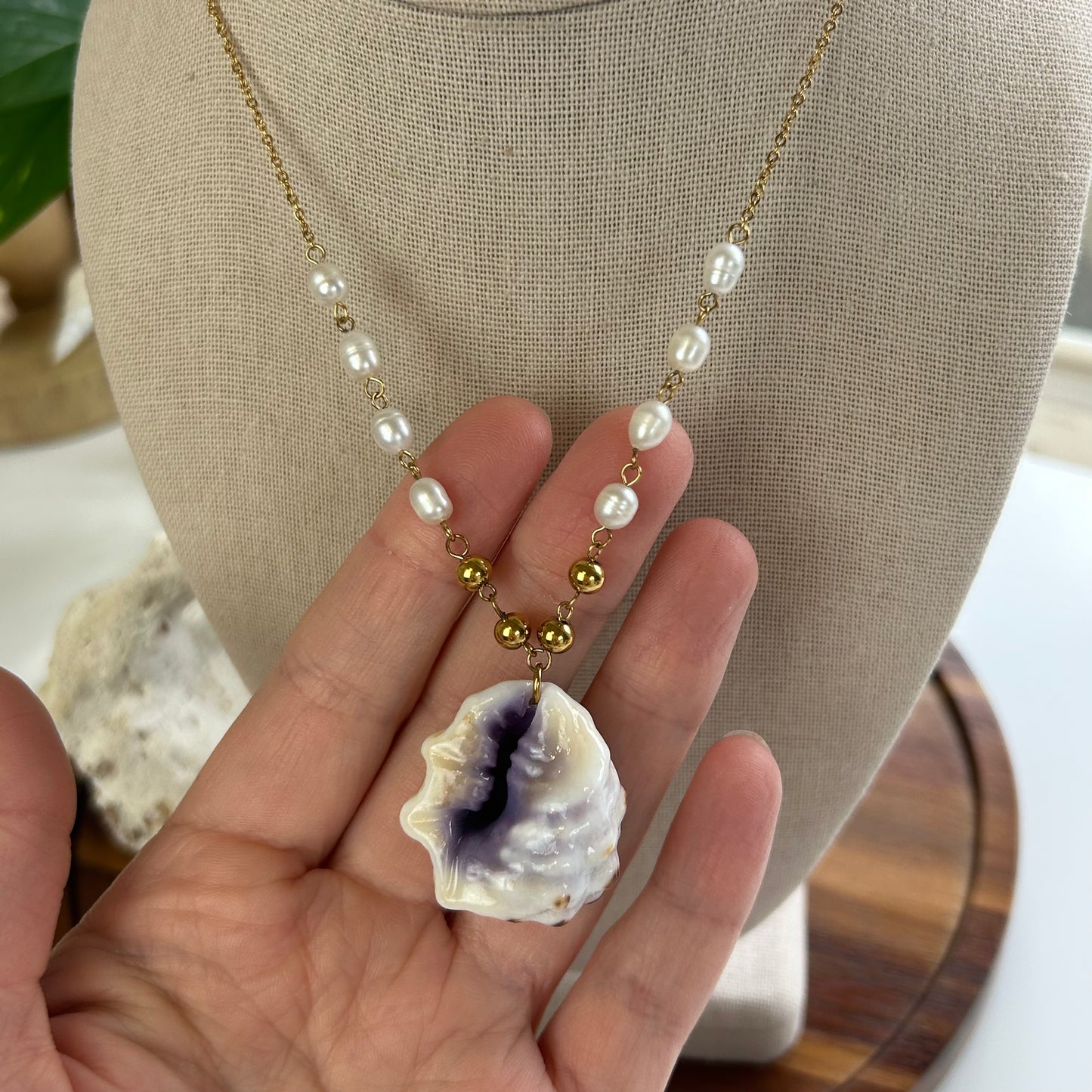 Pearl Beaded Mulberry Drupe Shell Necklace