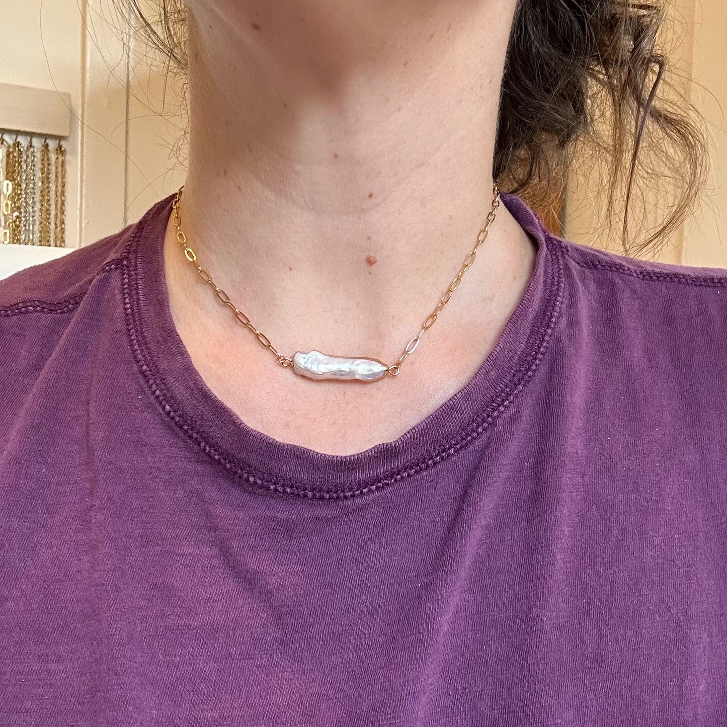 Baroque Fluid Form Pearl Bar Necklace