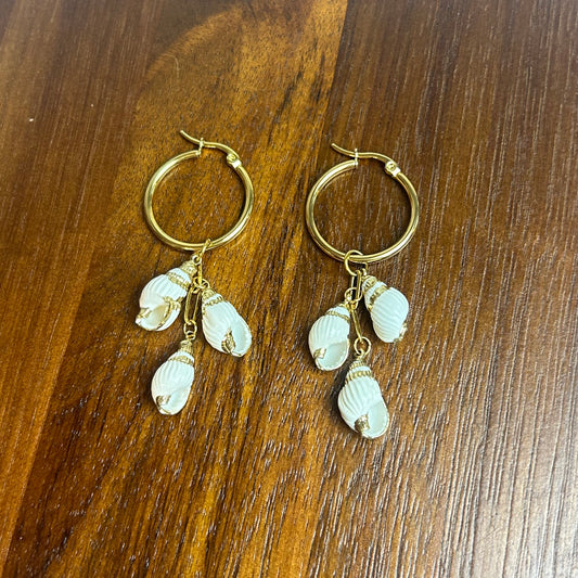 Dainty White & Gold Conch Shell Hoop Earrings