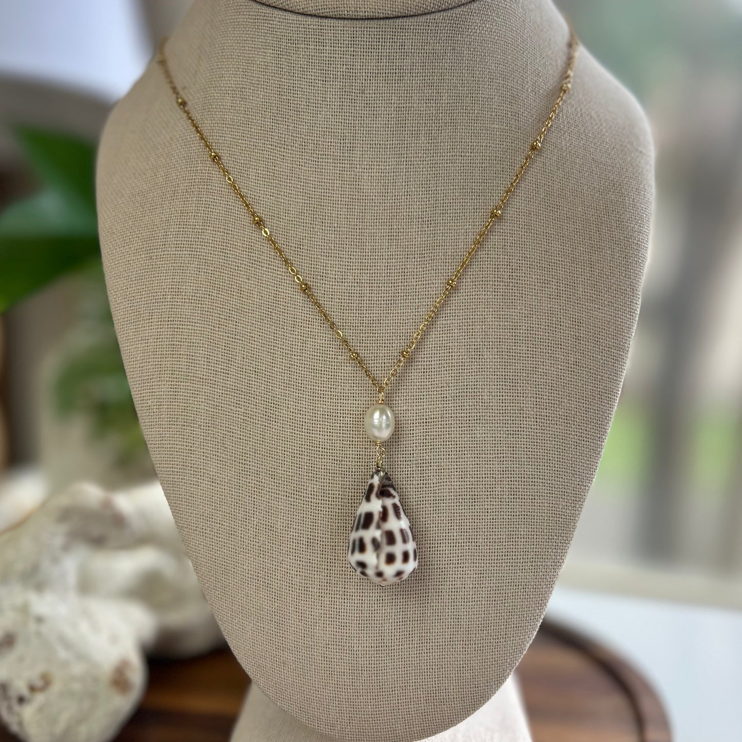 Pearl Drop Hebrew Cone Shell Necklace